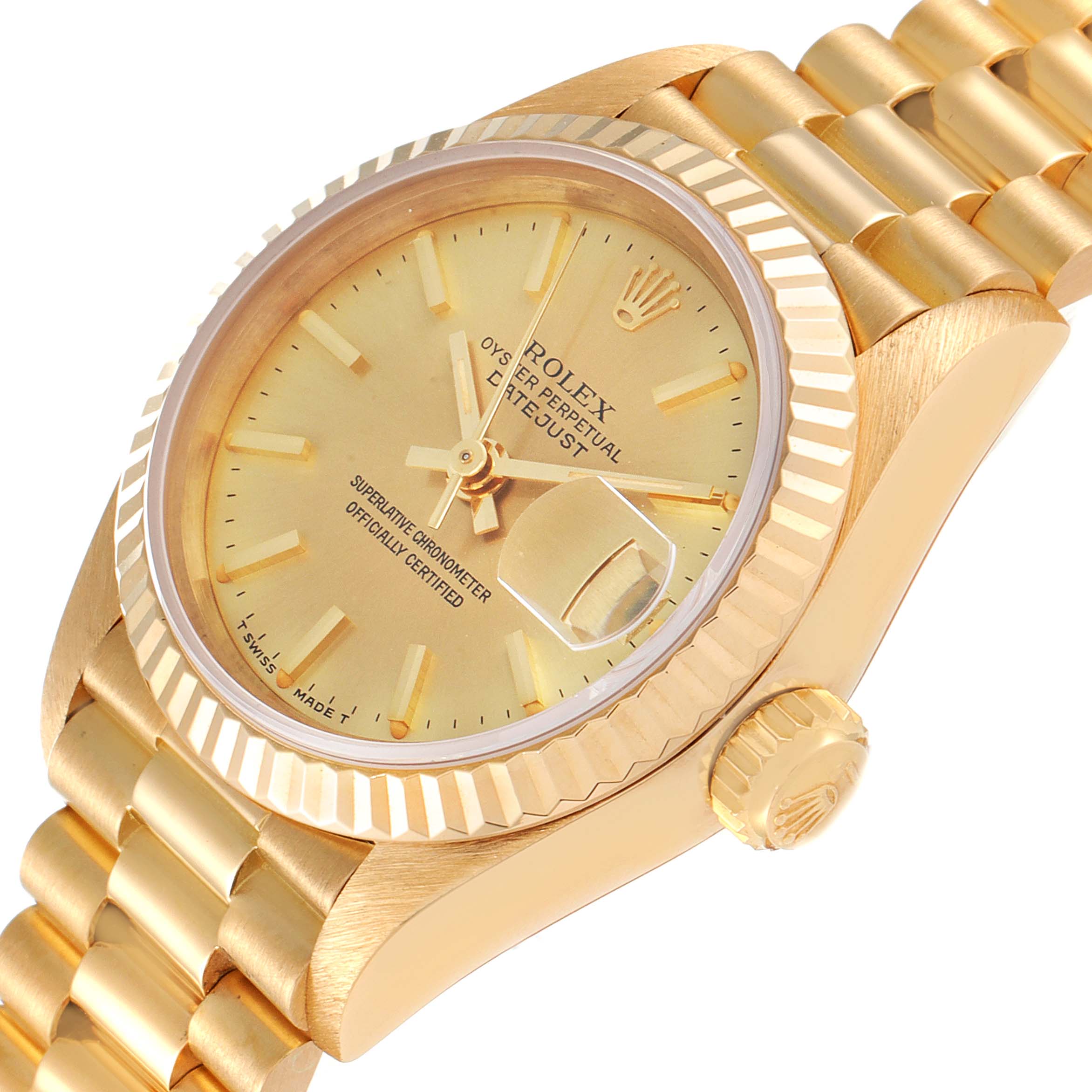The image shows the Rolex President 69178 Women's Yellow Gold Champagne Dial 69178 Women's Yellow Gold Champagne Dial model watch at an angled side view, highlighting the watch face, crown, and part of the bracelet.