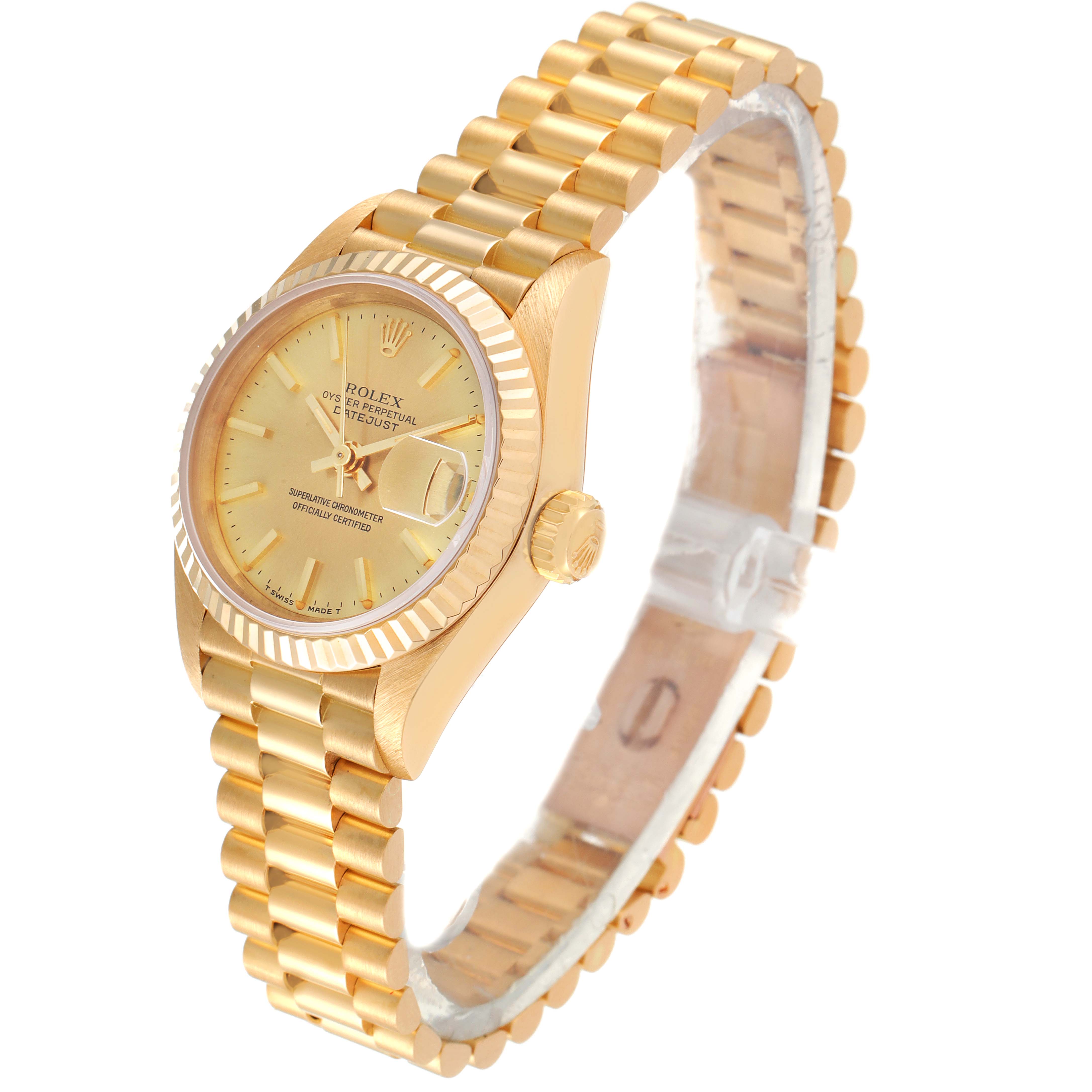 The image shows a Rolex President 69178 Women's Yellow Gold Champagne Dial 69178 Women's Yellow Gold Champagne Dial model watch angled from the top left, highlighting the dial, bezel, crown, and bracelet.