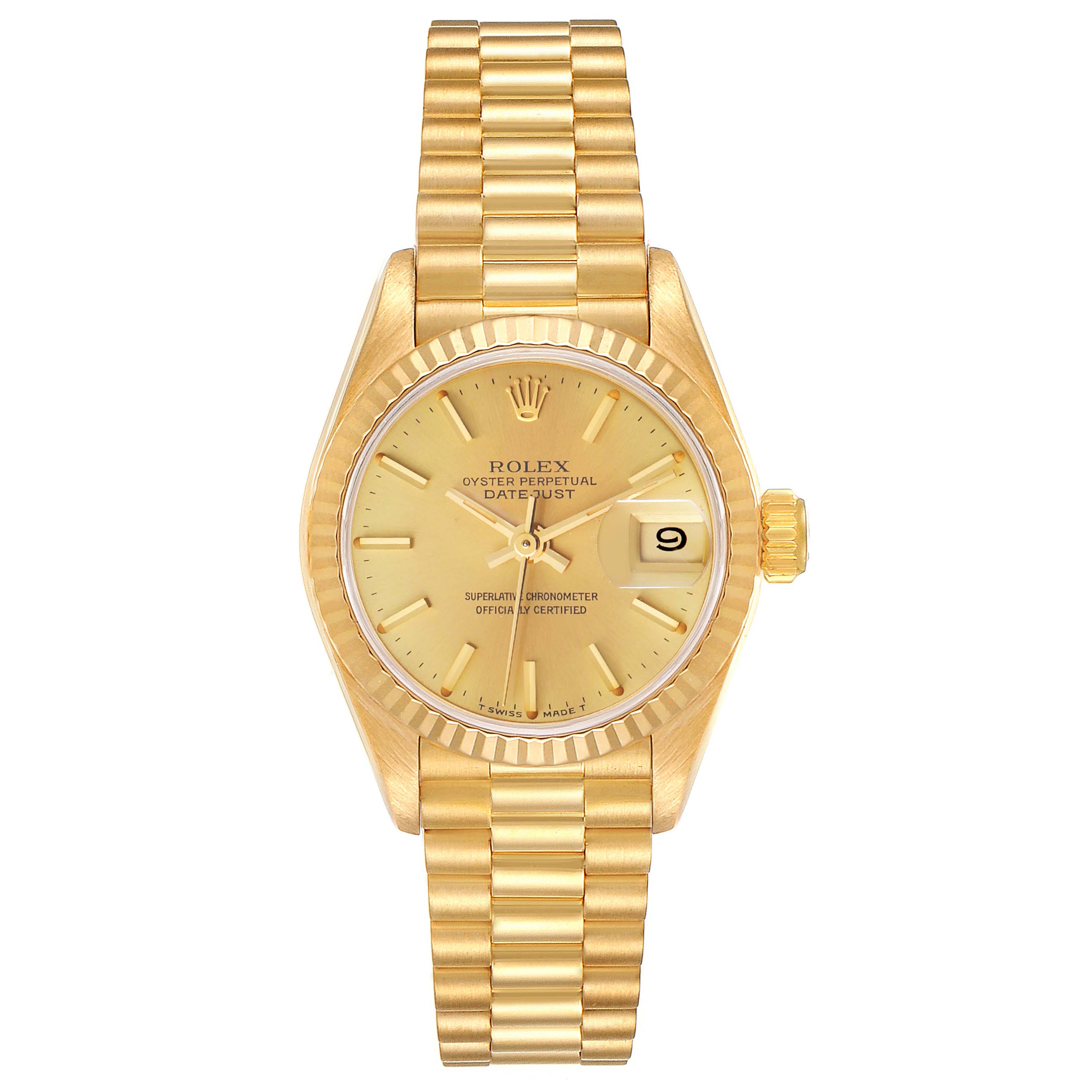 This image shows the front view of the Rolex President 69178 Women's Yellow Gold Champagne Dial 69178 Women's Yellow Gold Champagne Dial model watch, displaying the dial, bezel, bracelet, and date window.