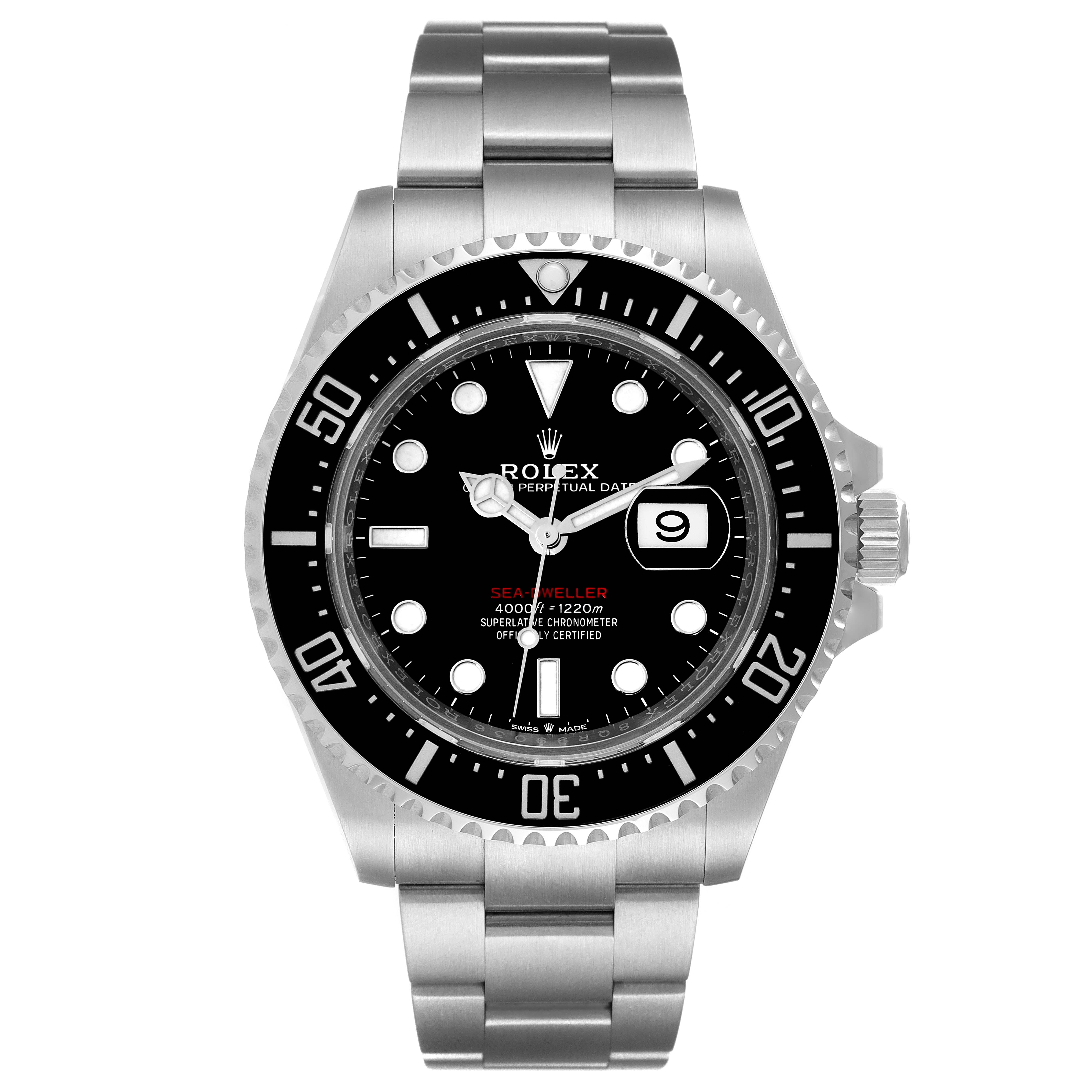 This image shows a front view of the Rolex Sea-Dweller 126600 Men's Stainless Steel Black Dial 126600 Men's Stainless Steel Black Dial watch, displaying its dial, bezel, and bracelet.