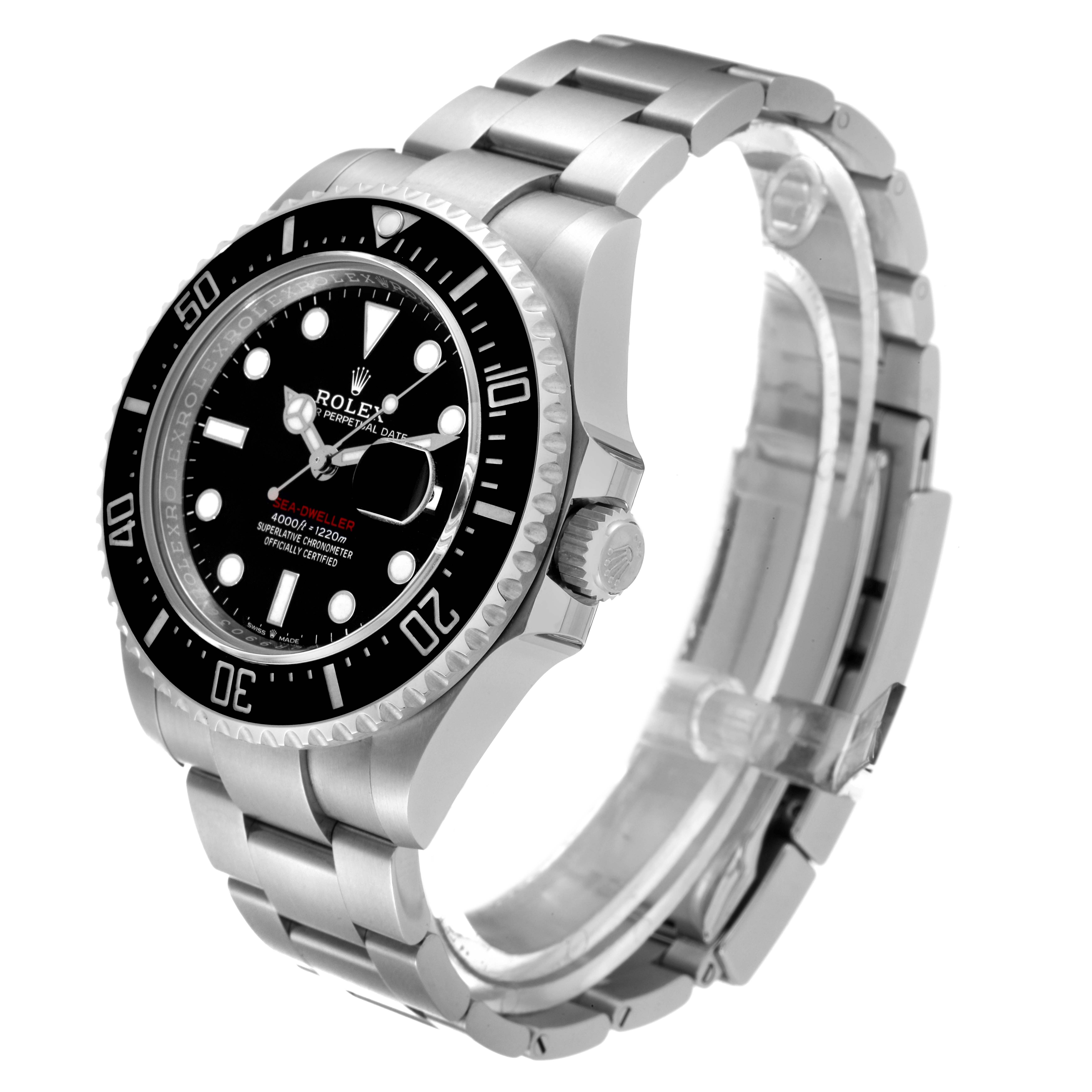 The image shows a side angle of the Rolex Sea-Dweller 126600 Men's Stainless Steel Black Dial 126600 Men's Stainless Steel Black Dial watch, highlighting its face, bezel, crown, and stainless steel bracelet.
