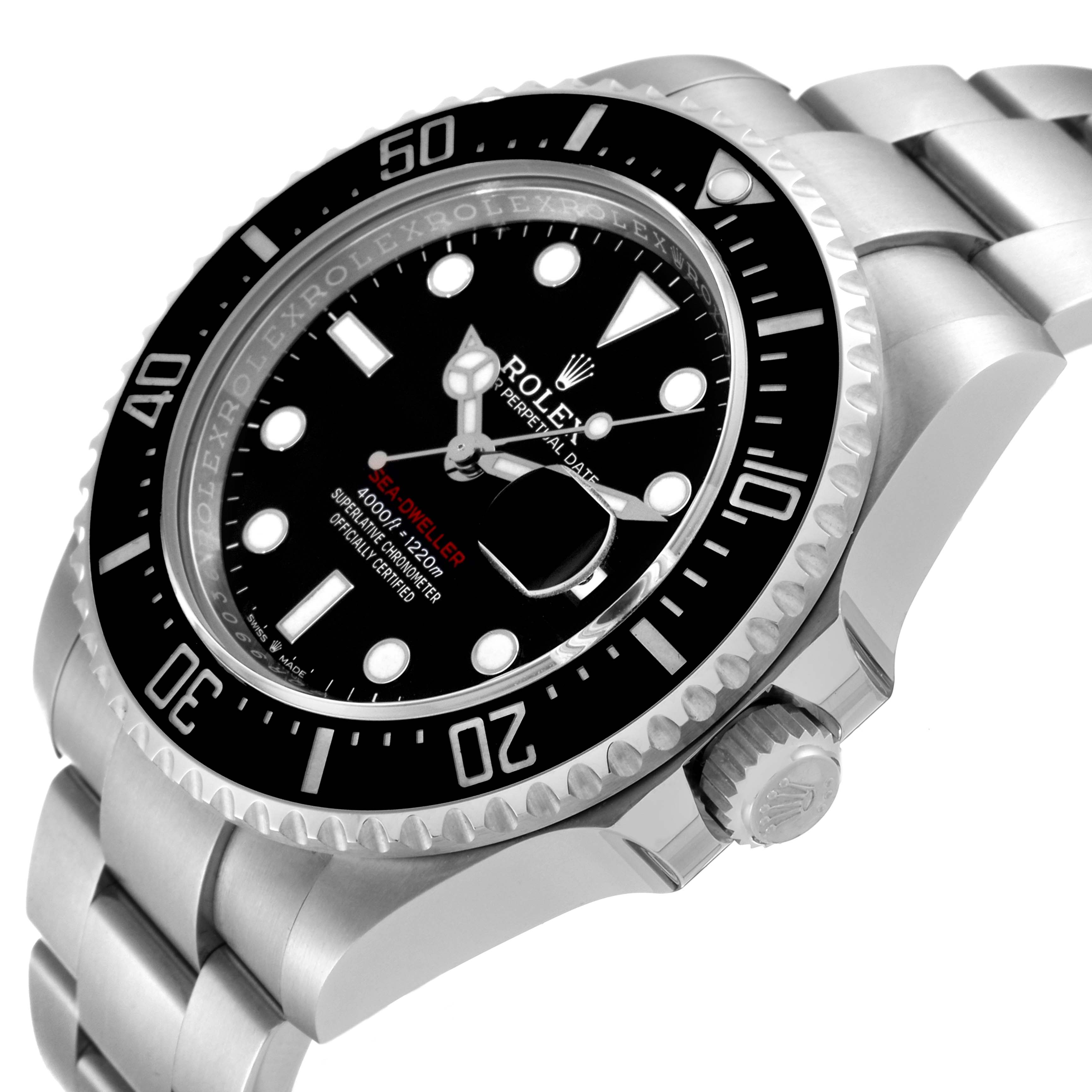 This Rolex Sea-Dweller 126600 Men's Stainless Steel Black Dial 126600 Men's Stainless Steel Black Dial watch is shown from a three-quarter front angle, highlighting the bezel, dial, and part of the bracelet.