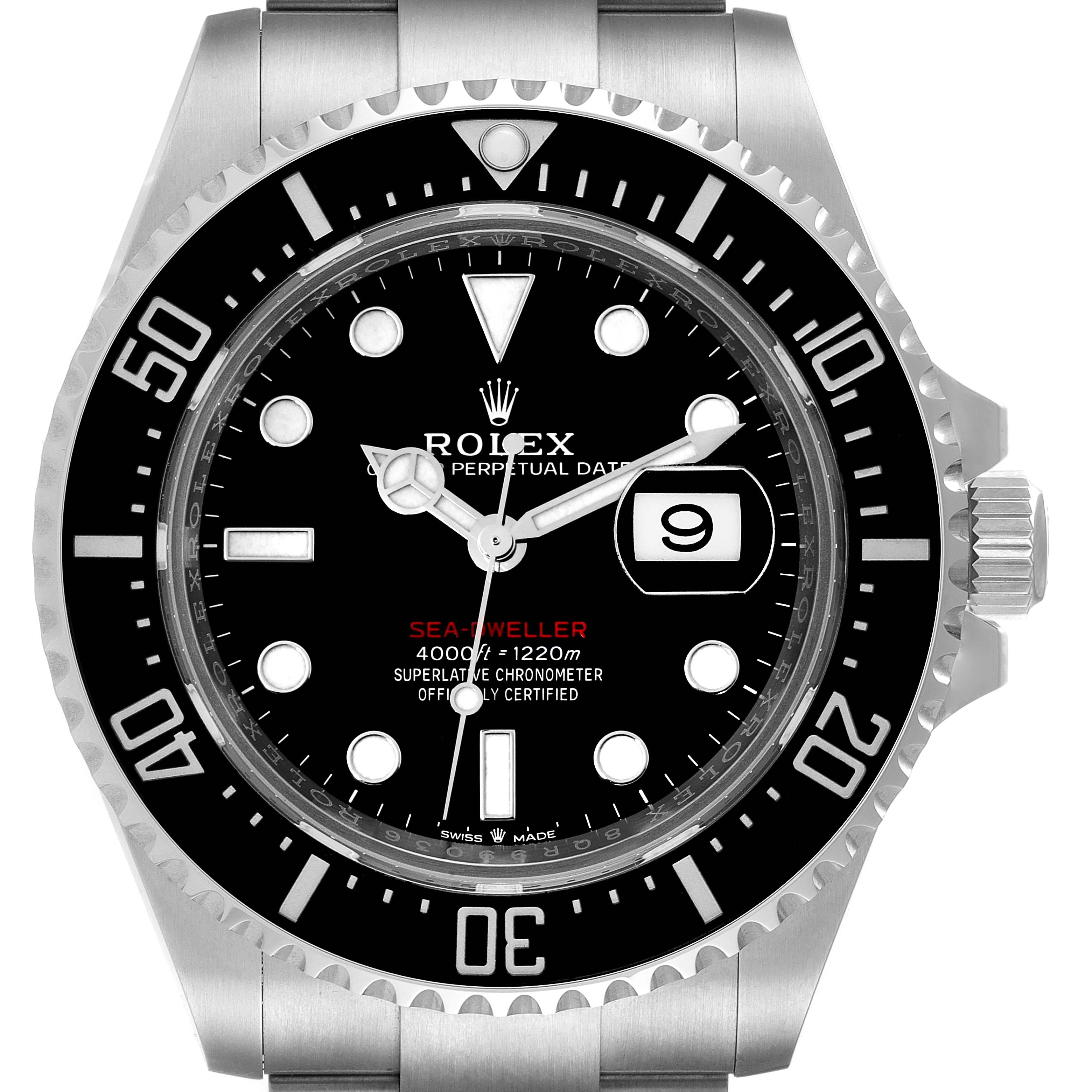The Rolex Sea-Dweller 126600 Men's Stainless Steel Black Dial 126600 Men's Stainless Steel Black Dial watch is shown from the front, highlighting its bezel, dial, hands, and date window.