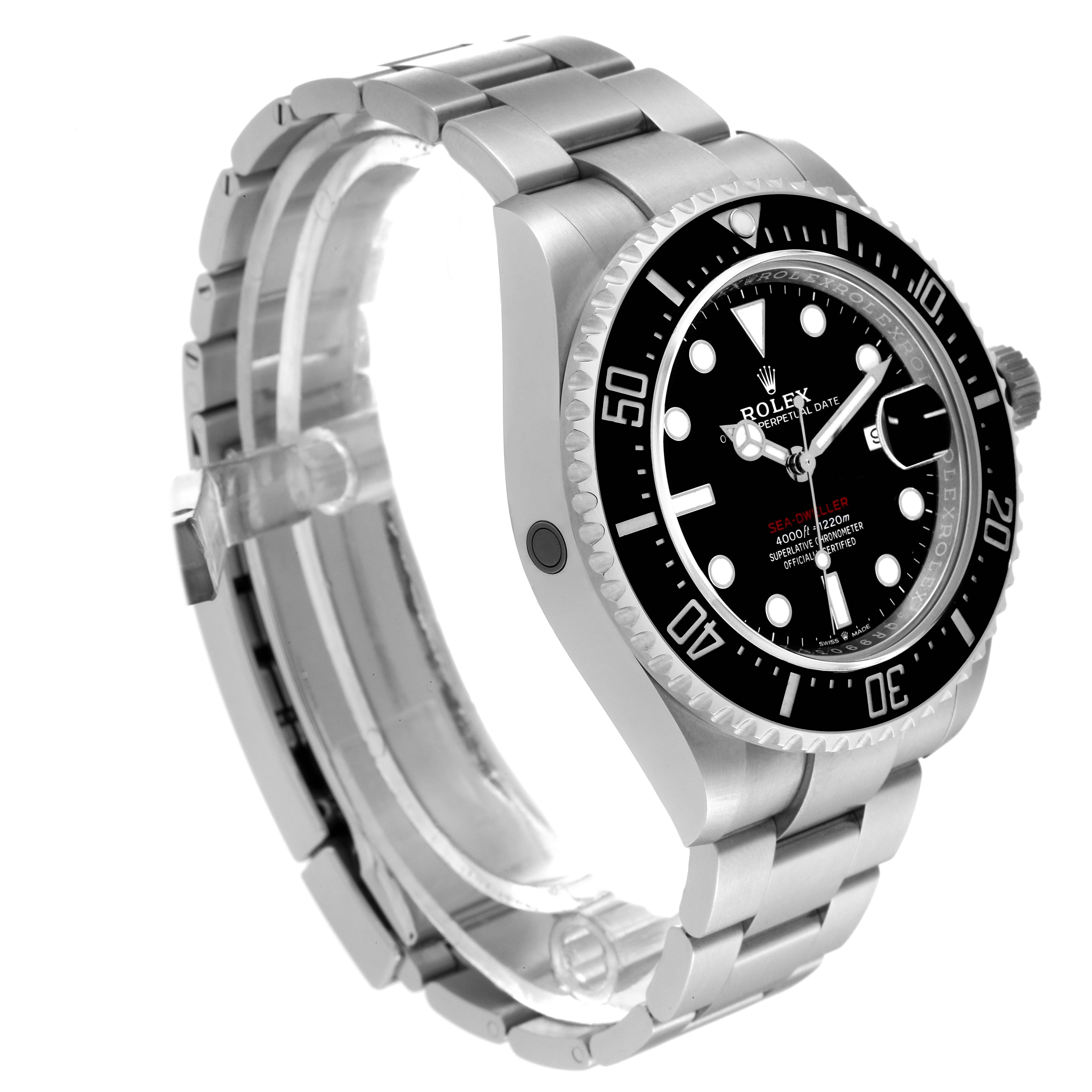 This is a side-angle view showing the face, bezel, and bracelet of the Rolex Sea-Dweller 126600 Men's Stainless Steel Black Dial 126600 Men's Stainless Steel Black Dial watch.