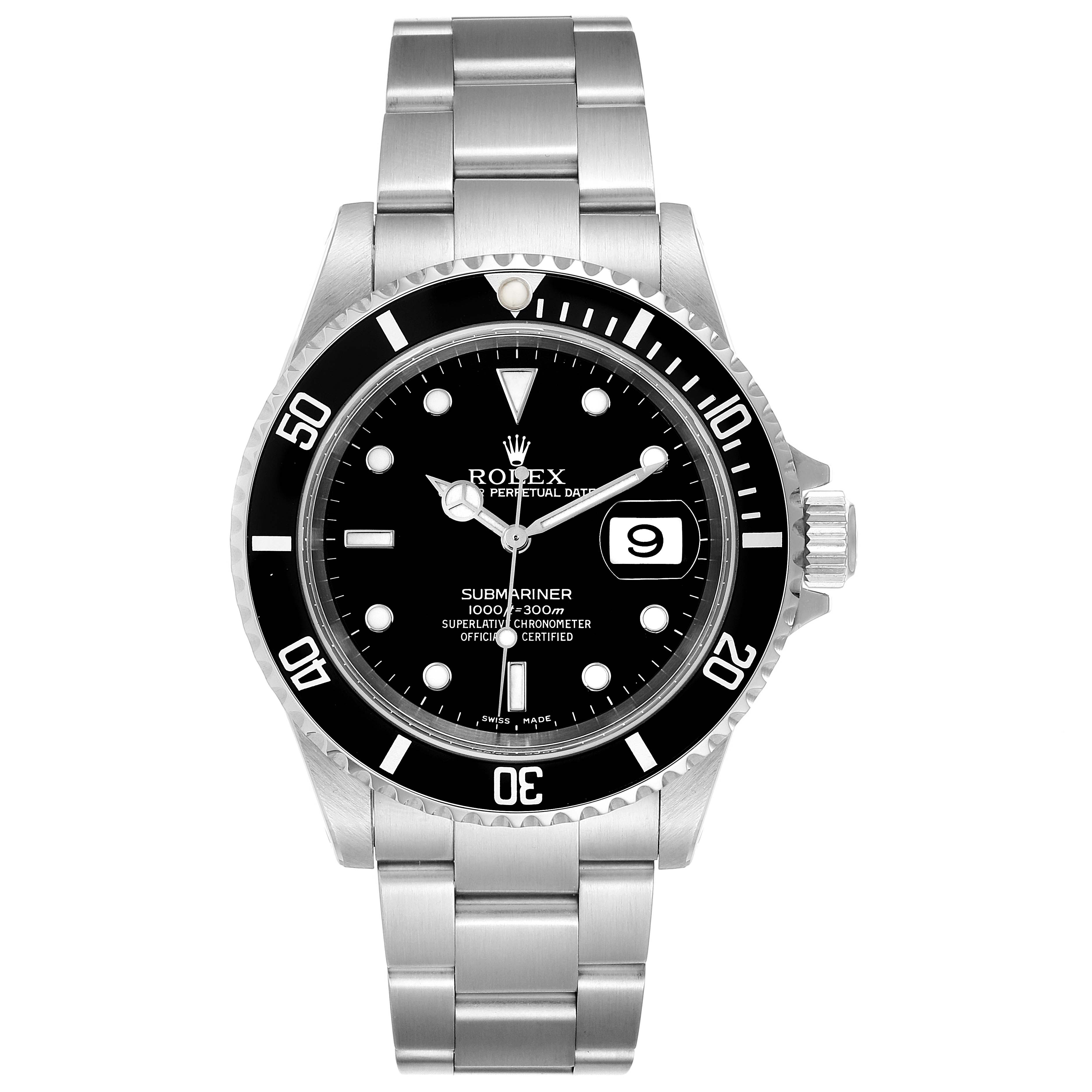 The image shows a front view of a Rolex Submariner 16610 Men's Stainless Steel Black Dial 16610 Men's Stainless Steel Black Dial watch, highlighting its black dial, bezel, and stainless steel bracelet.