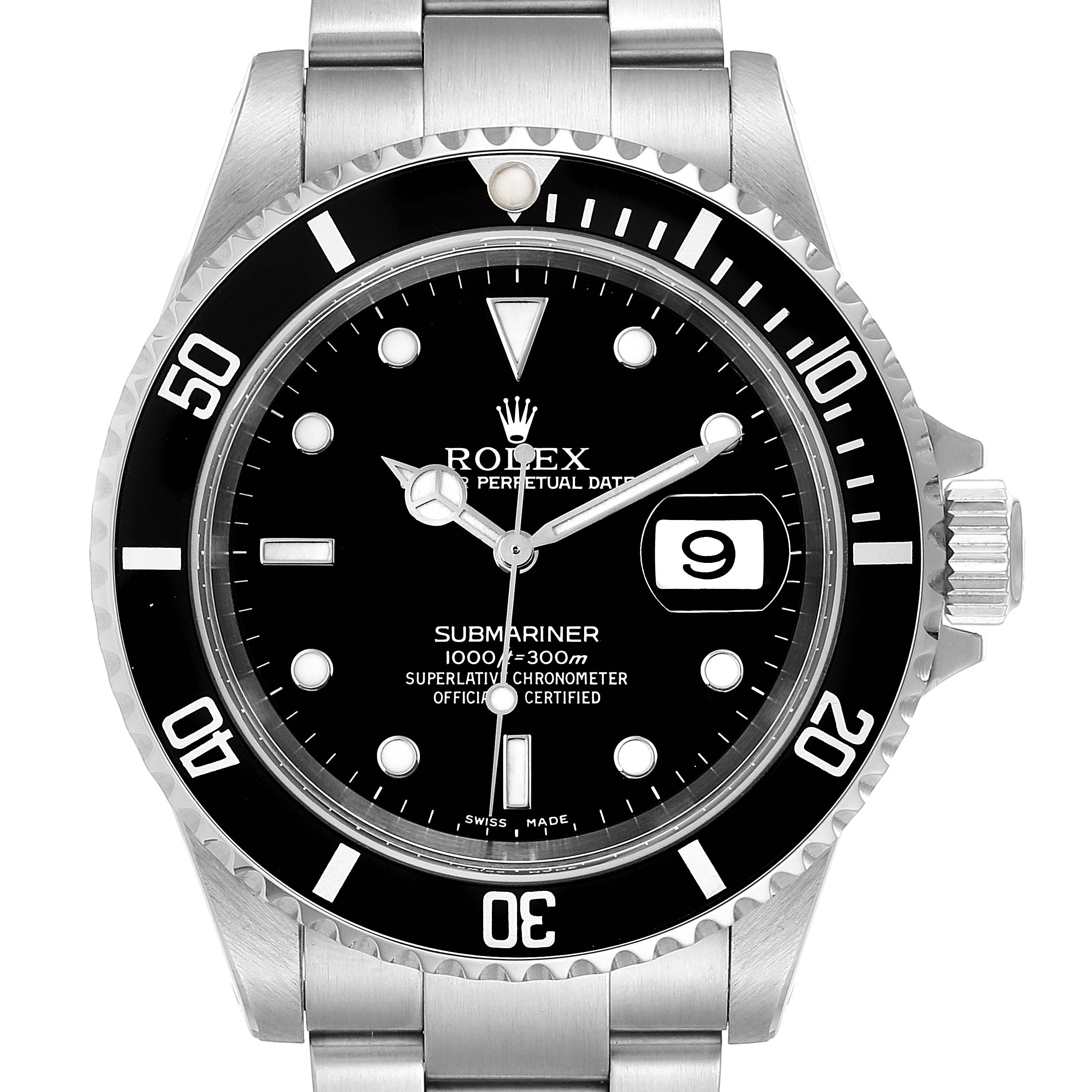 The image displays a frontal view of the Rolex Submariner 16610 Men's Stainless Steel Black Dial 16610 Men's Stainless Steel Black Dial, showing the bezel, dial, hands, bracelet, and date window.