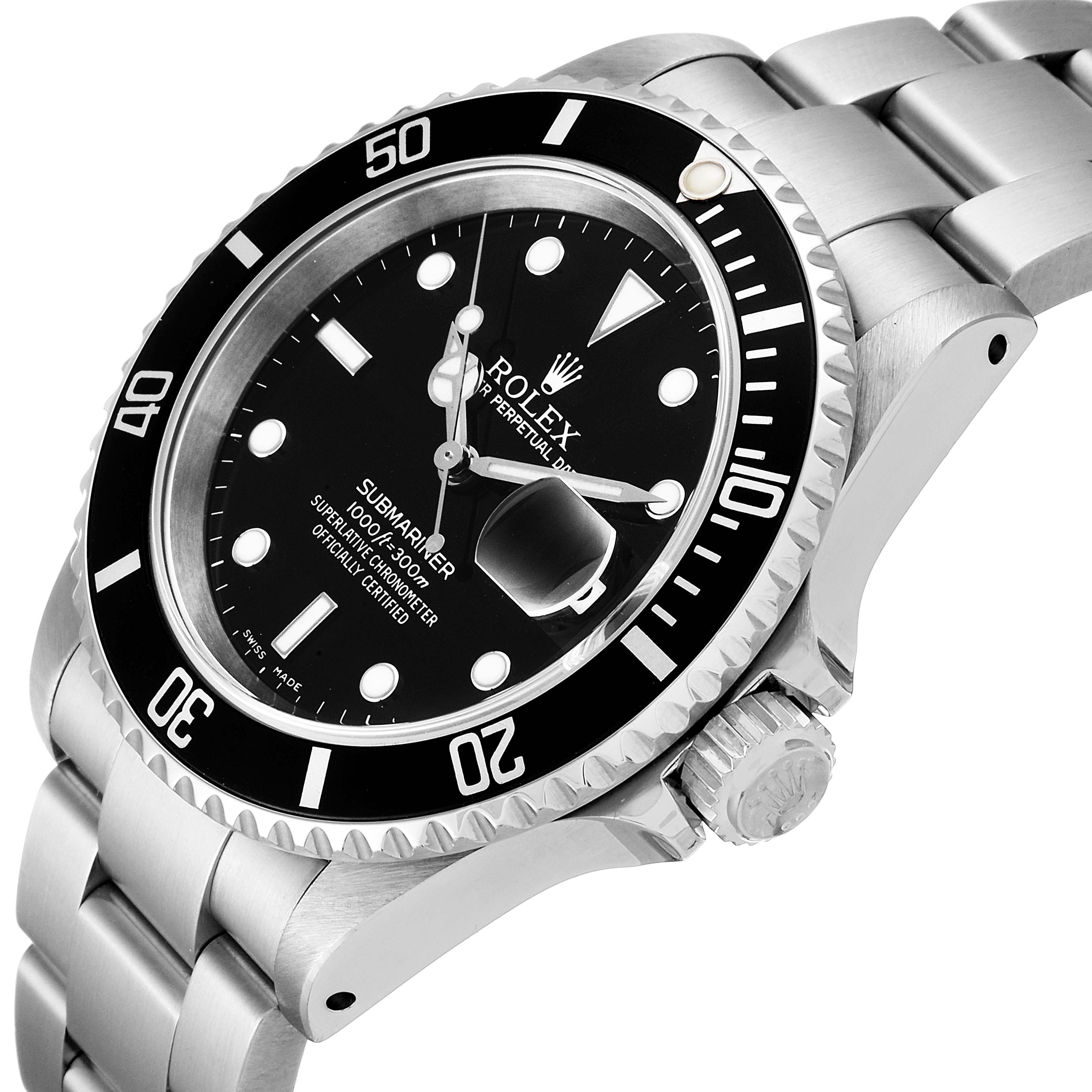This image shows a side angle view of the Rolex Submariner 16610 Men's Stainless Steel Black Dial 16610 Men's Stainless Steel Black Dial, highlighting its bezel, dial, crown, and bracelet.