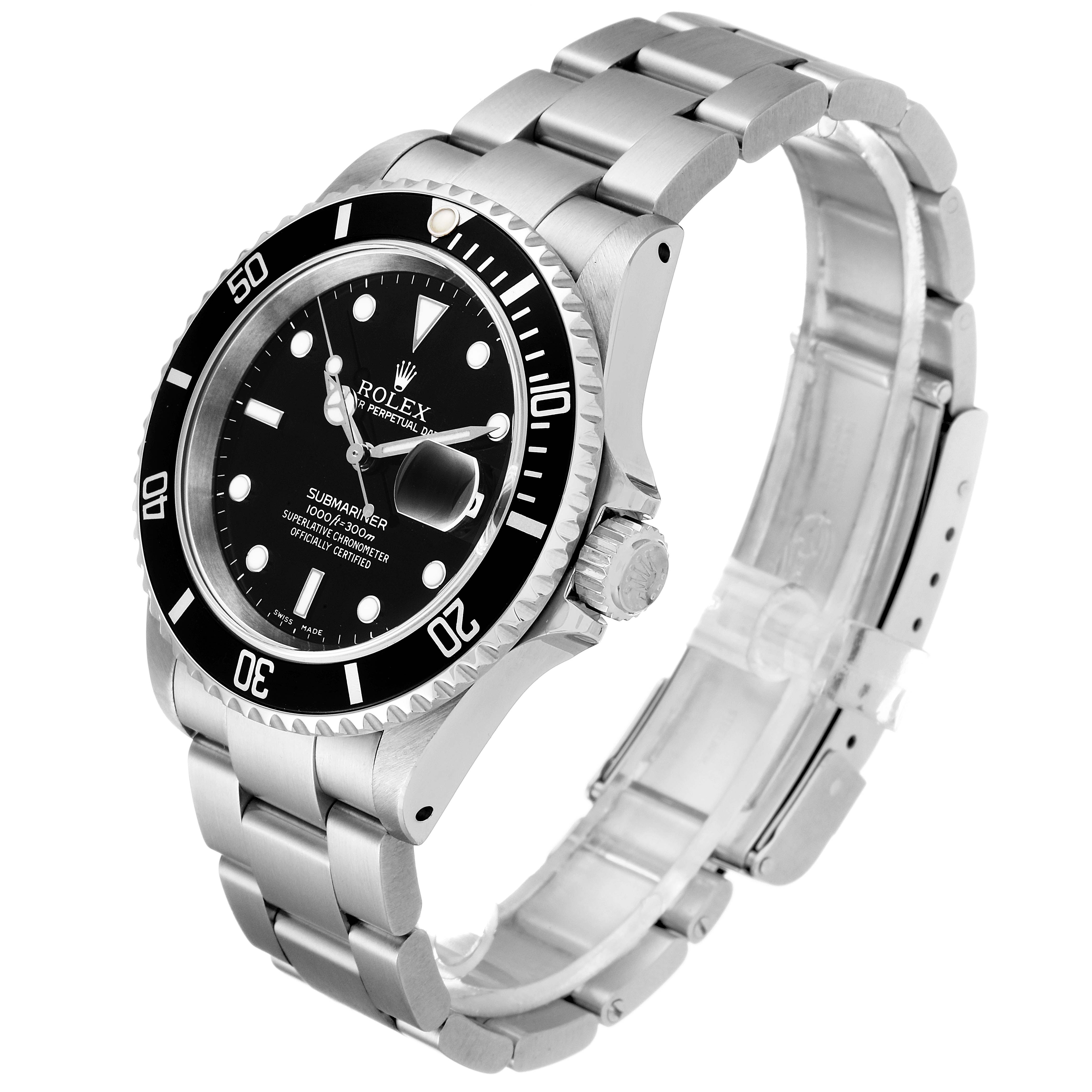 The image shows a Rolex Submariner 16610 Men's Stainless Steel Black Dial 16610 Men's Stainless Steel Black Dial watch at an angle displaying the bezel, dial, crown, and bracelet.