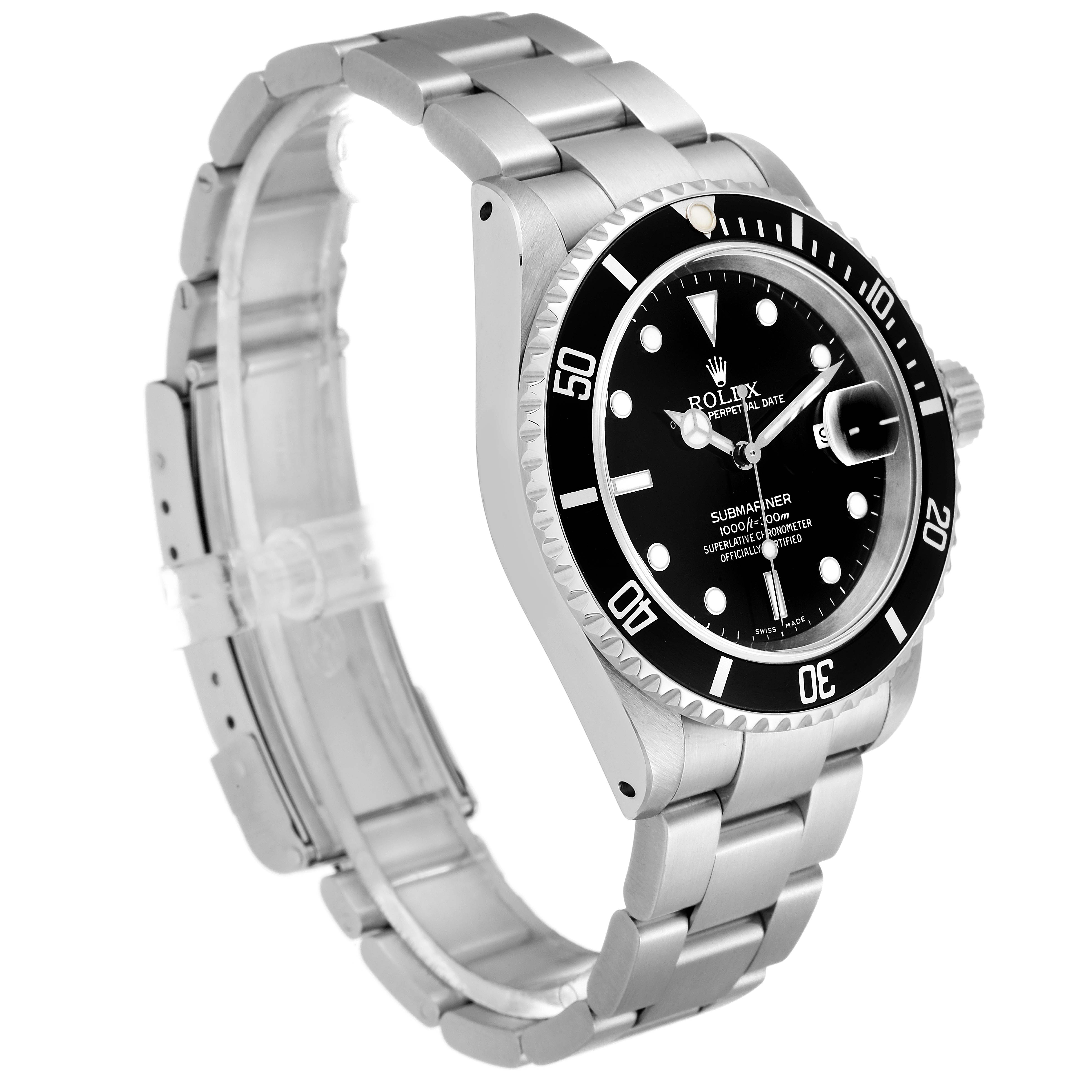 The Rolex Submariner 16610 Men's Stainless Steel Black Dial 16610 Men's Stainless Steel Black Dial watch is shown at an angled side view, featuring its bezel, dial, and bracelet.