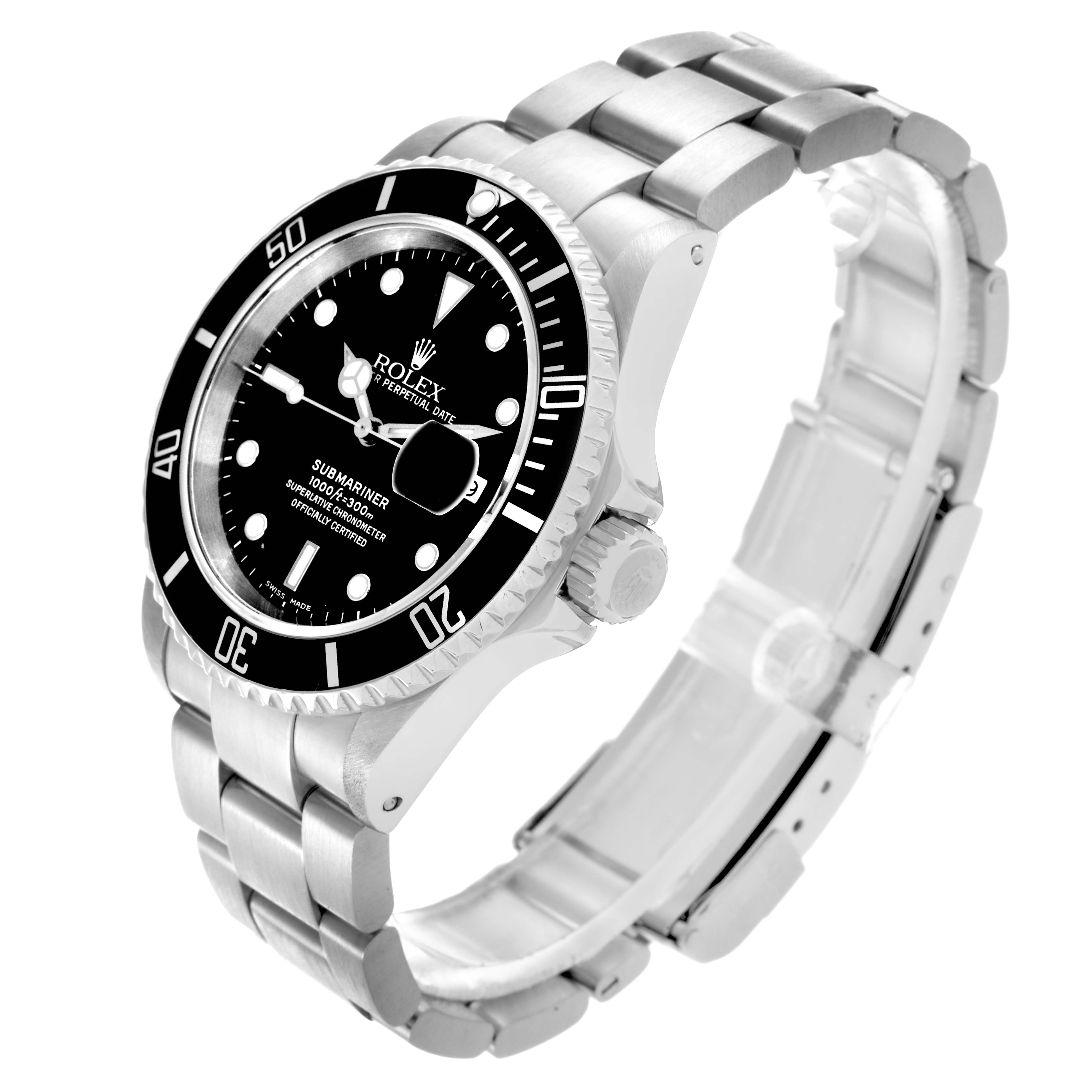 The Rolex Submariner 16610 Men's Stainless Steel Black Dial 16610 Men's Stainless Steel Black Dial watch is shown at a three-quarter angle, displaying the face, bezel, crown, and bracelet.