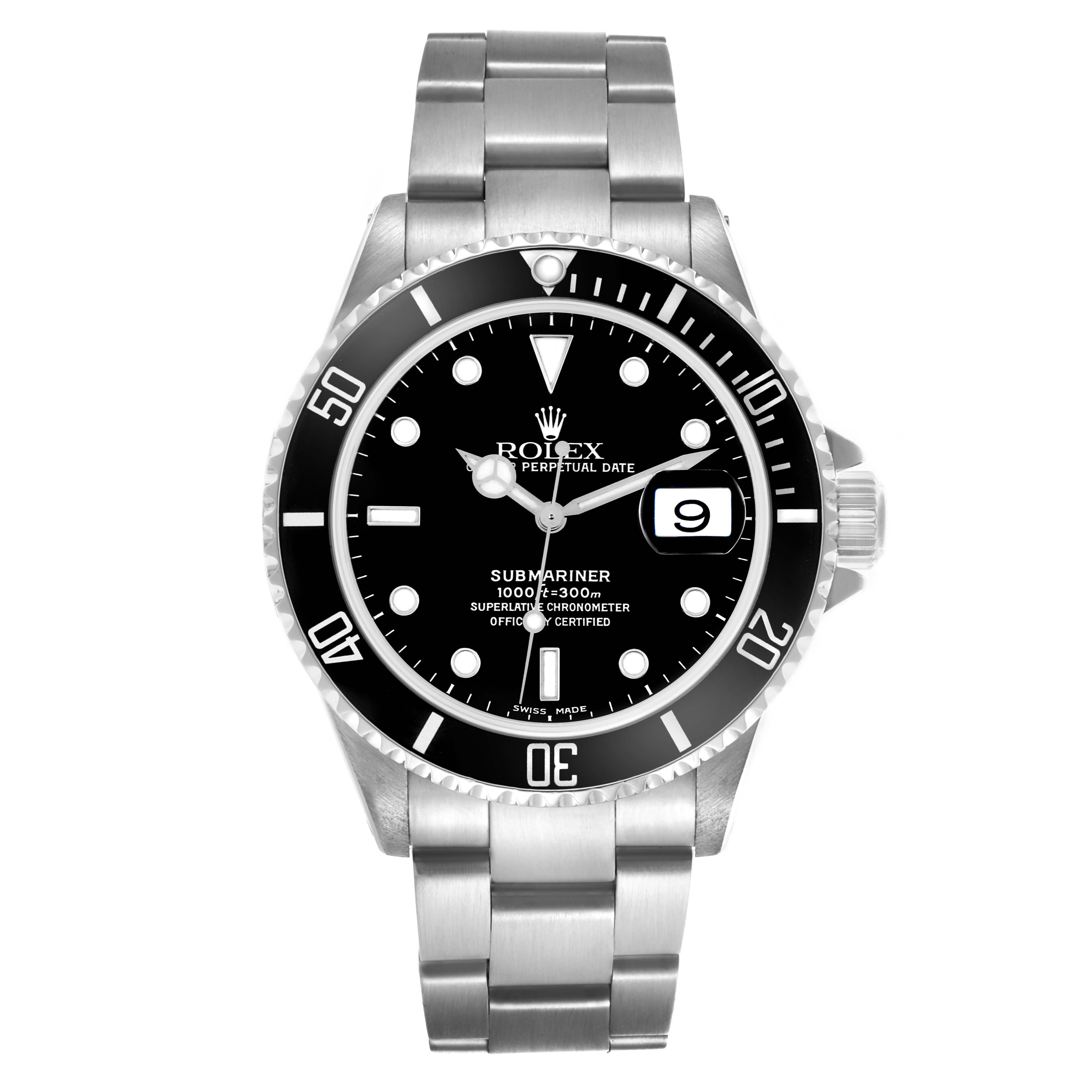 The Rolex Submariner 16610 Men's Stainless Steel Black Dial 16610 Men's Stainless Steel Black Dial watch is shown from the front, displaying the dial, bezel, and bracelet clearly.