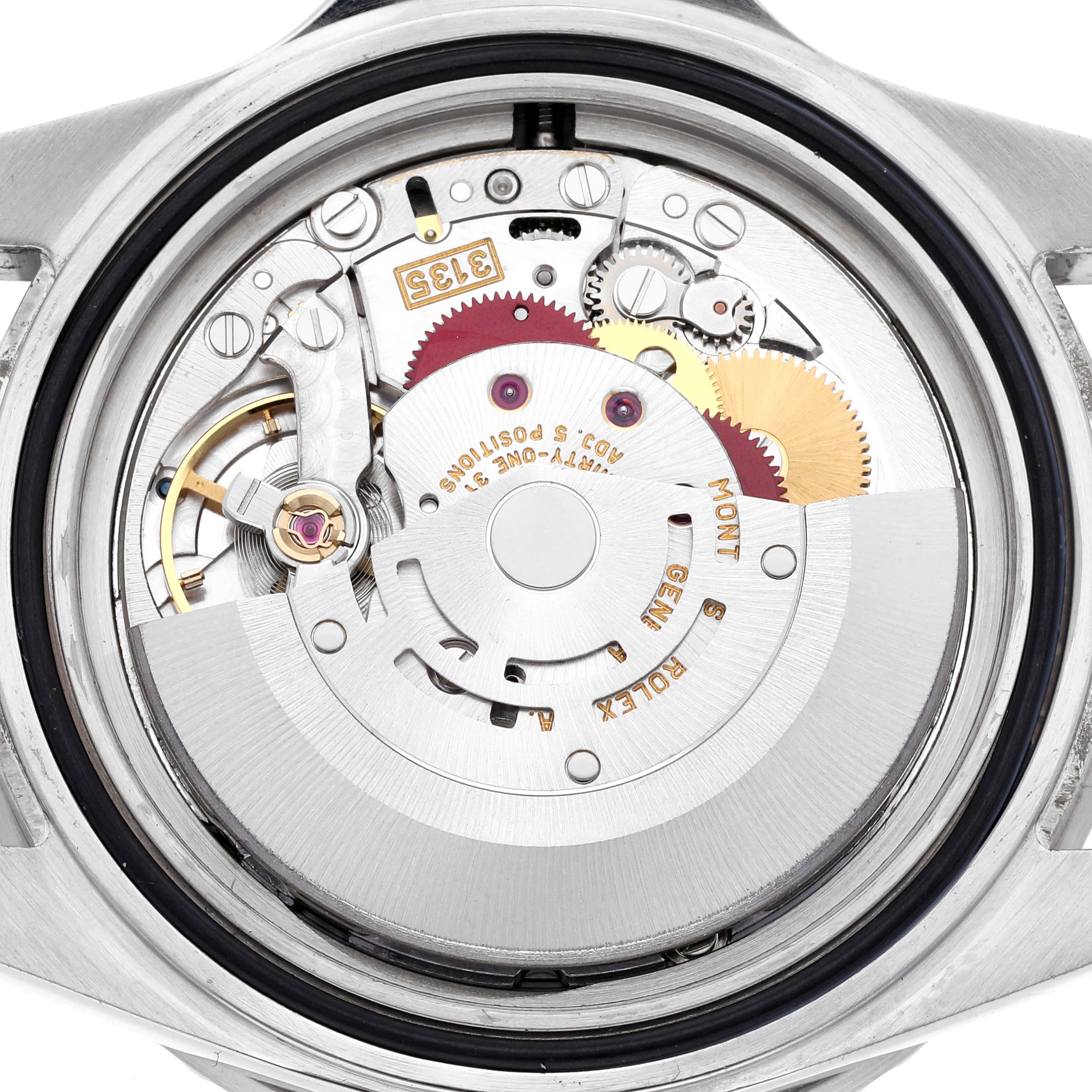 The image shows the movement of a Rolex Submariner 16610 Men's Stainless Steel Black Dial 16610 Men's Stainless Steel Black Dial, displaying gears and mechanical components from the back.