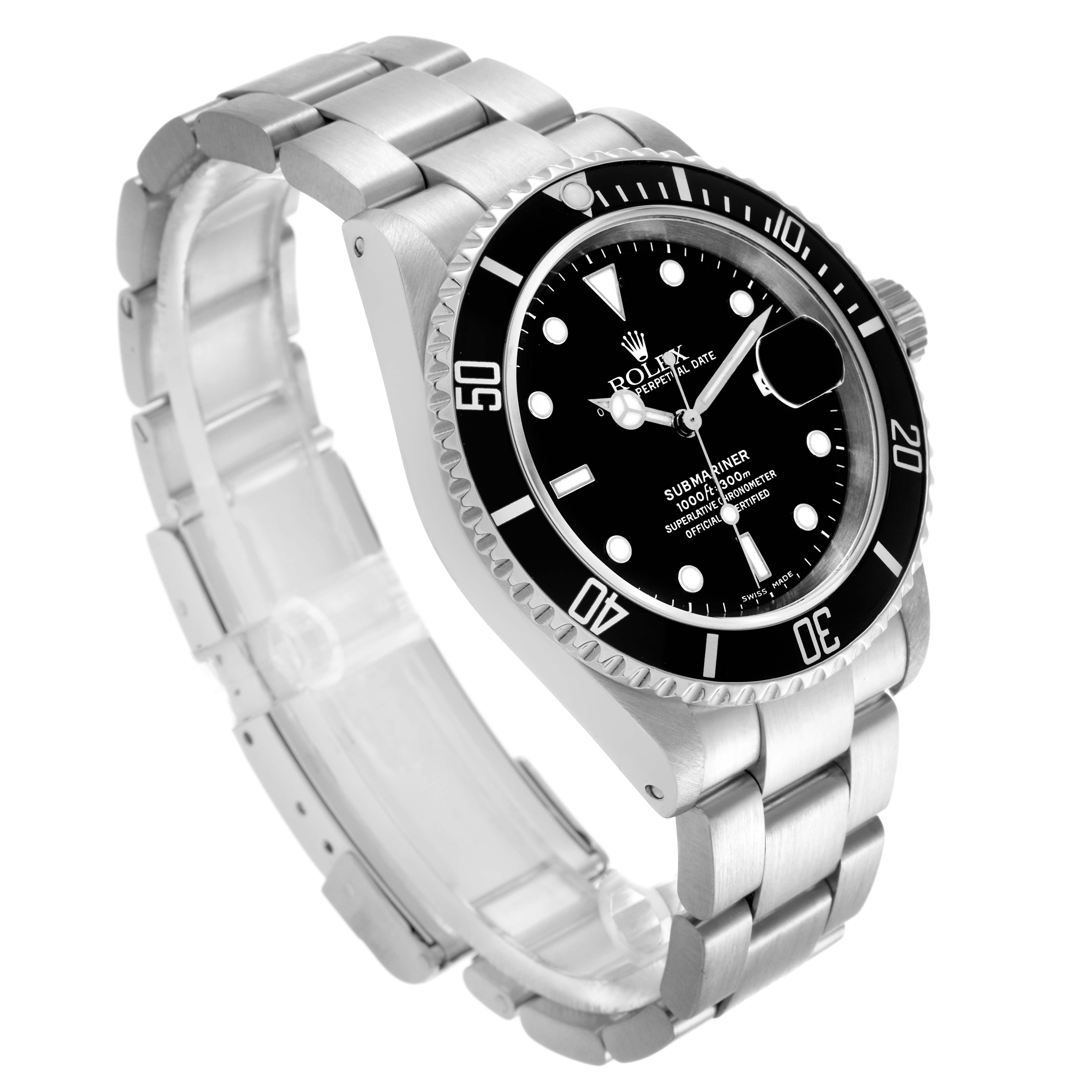 The Rolex Submariner 16610 Men's Stainless Steel Black Dial 16610 Men's Stainless Steel Black Dial is shown at a slight side angle, displaying the face, bezel, crown, and bracelet.