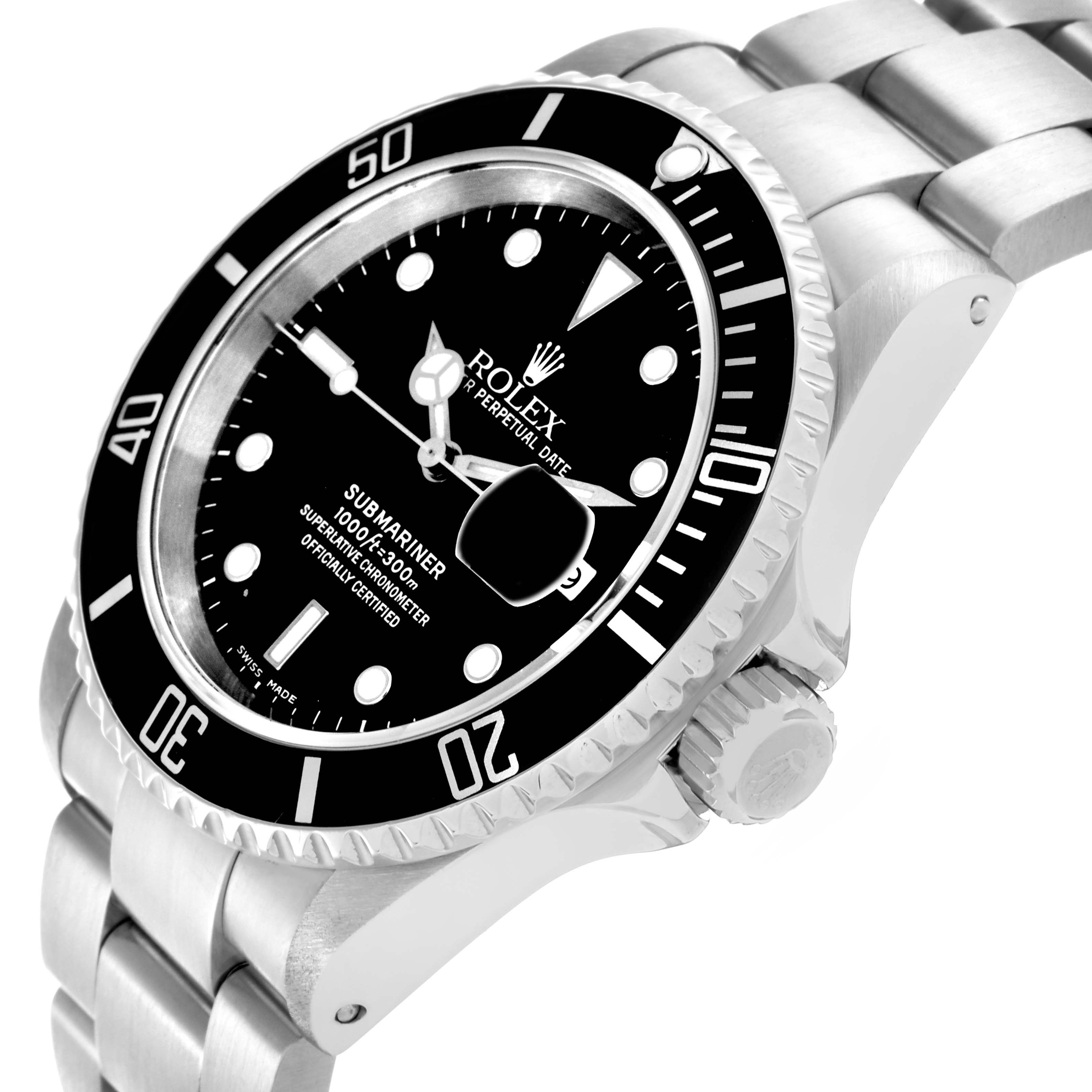 The image shows a side view of the Rolex Submariner 16610 Men's Stainless Steel Black Dial 16610 Men's Stainless Steel Black Dial, highlighting the bezel, crown, and bracelet.