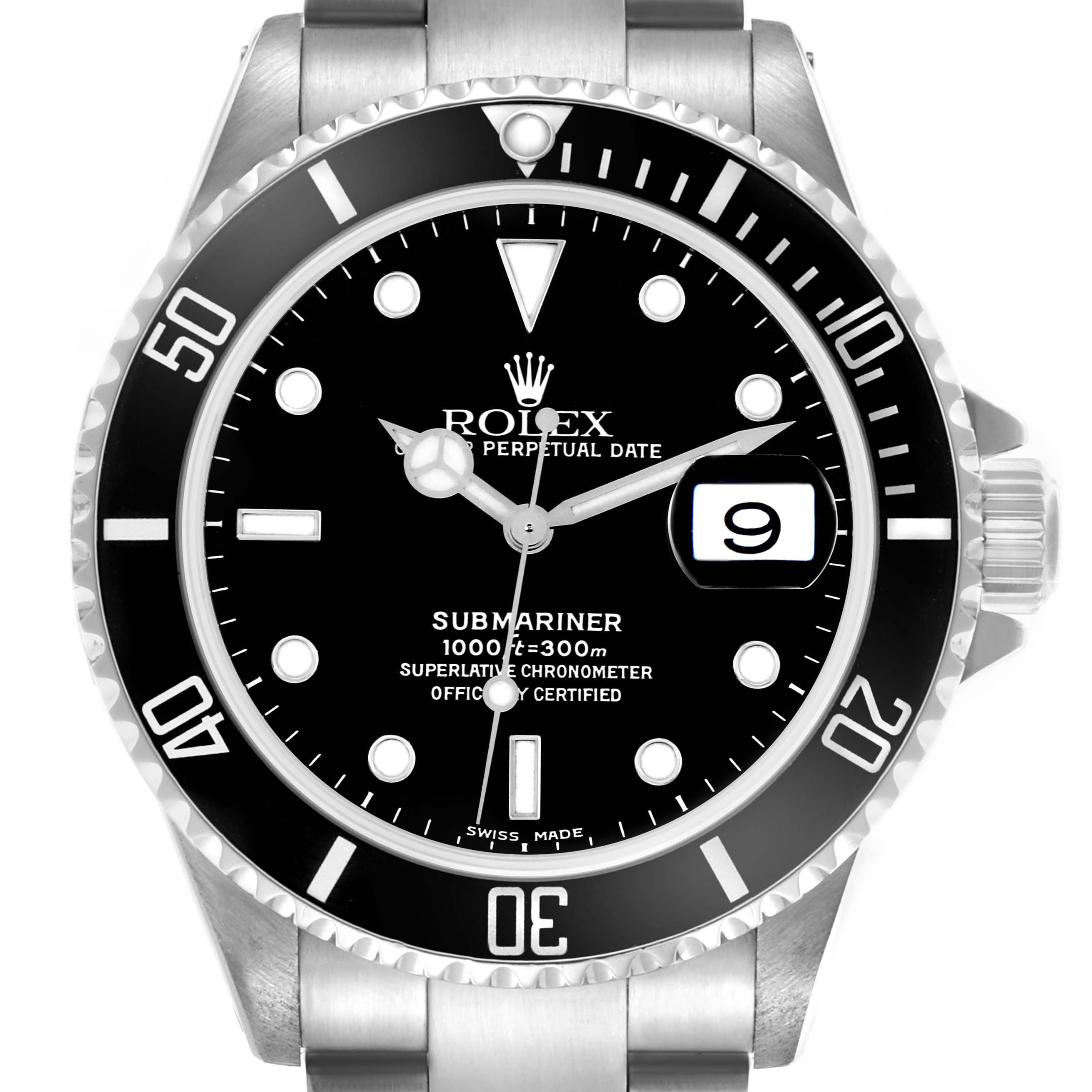 The Rolex Submariner 16610 Men's Stainless Steel Black Dial 16610 Men's Stainless Steel Black Dial watch is shown from a front angle, displaying the dial, bezel, crown, and bracelet top.