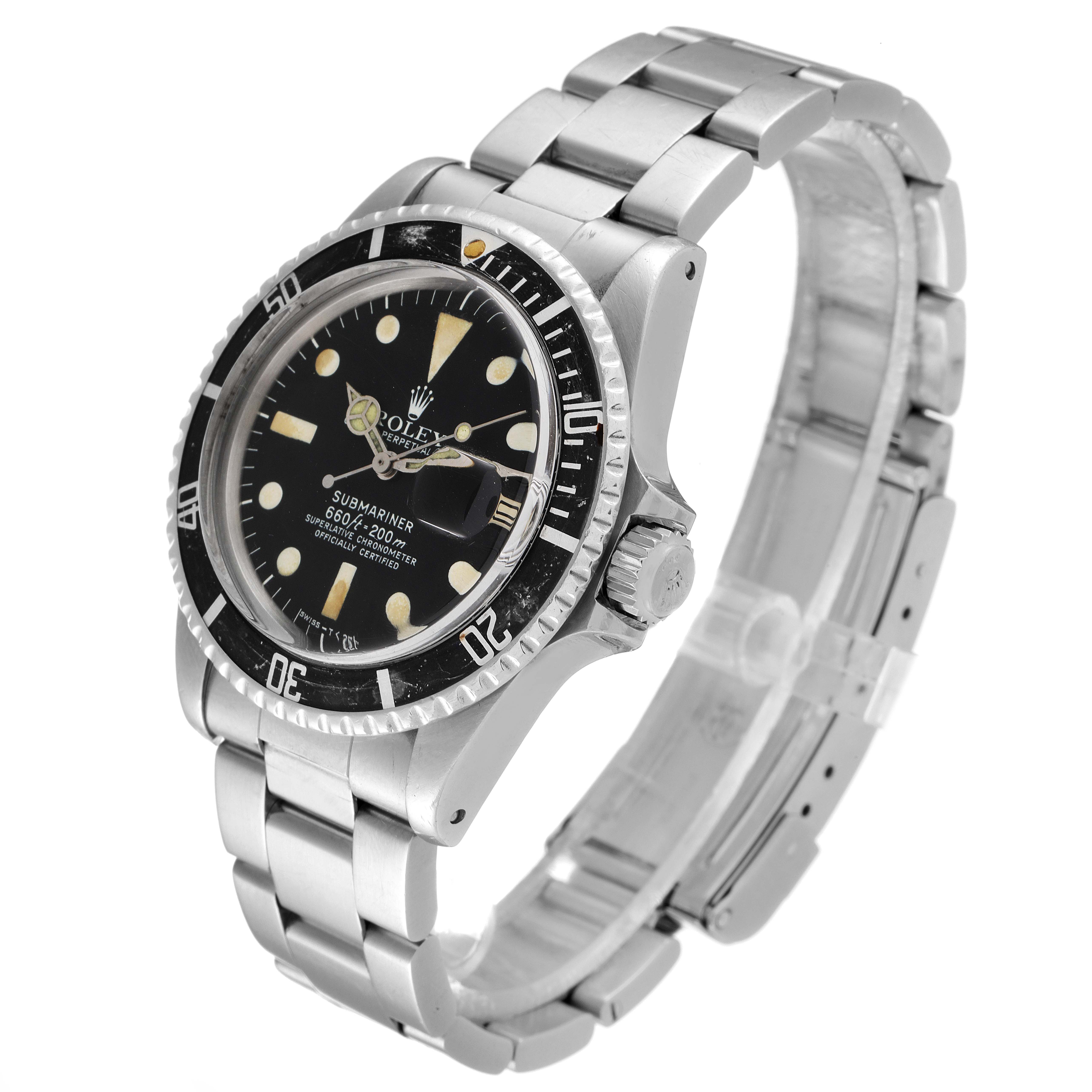 The image showcases a Rolex Submariner 1680 Men's Stainless Steel Black Dial 1680 Men's Stainless Steel Black Dial watch angled slightly from above and to the right, highlighting the face, bezel, and bracelet.