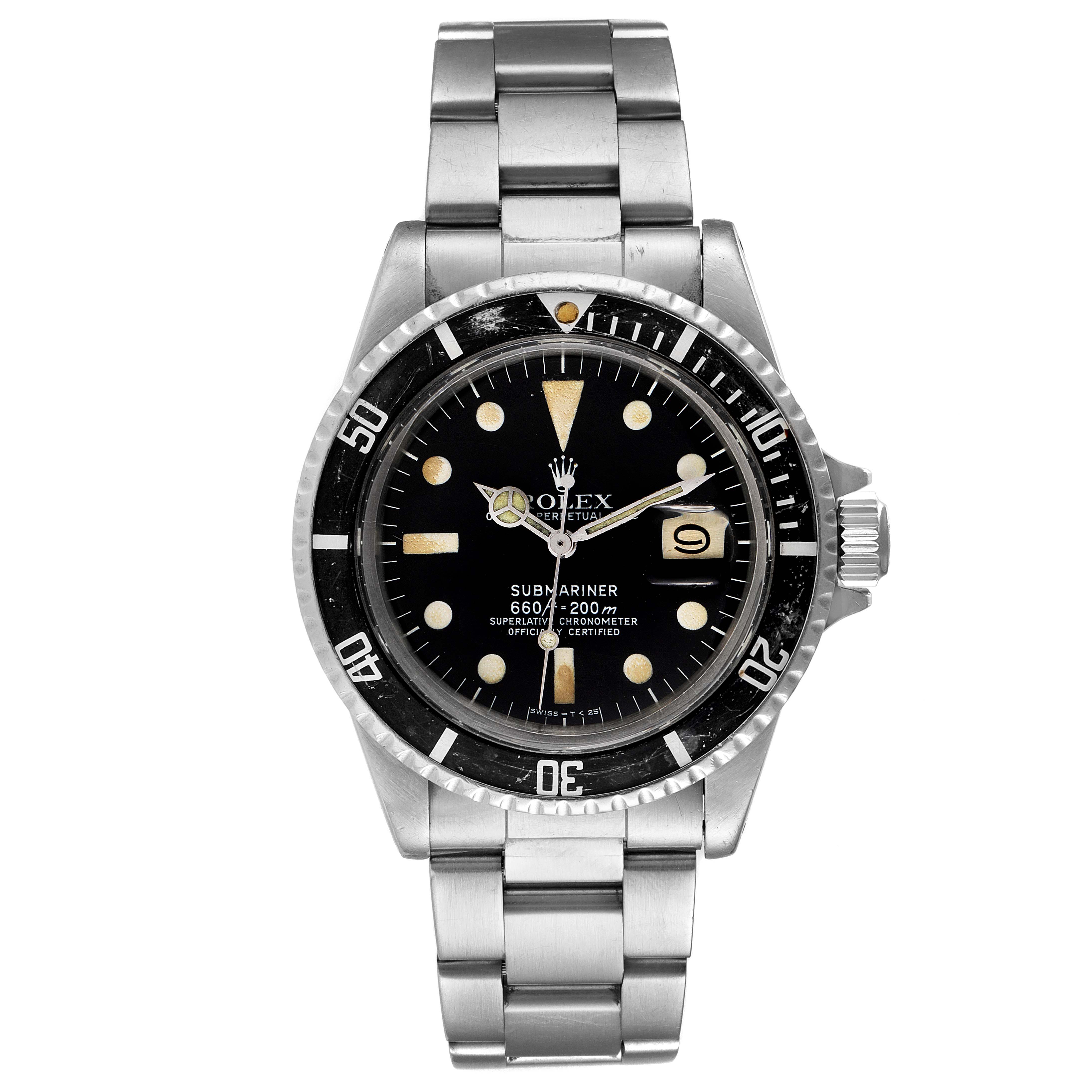 This image shows a front view of a Rolex Submariner 1680 Men's Stainless Steel Black Dial 1680 Men's Stainless Steel Black Dial watch, displaying the dial, bezel, and stainless steel bracelet.