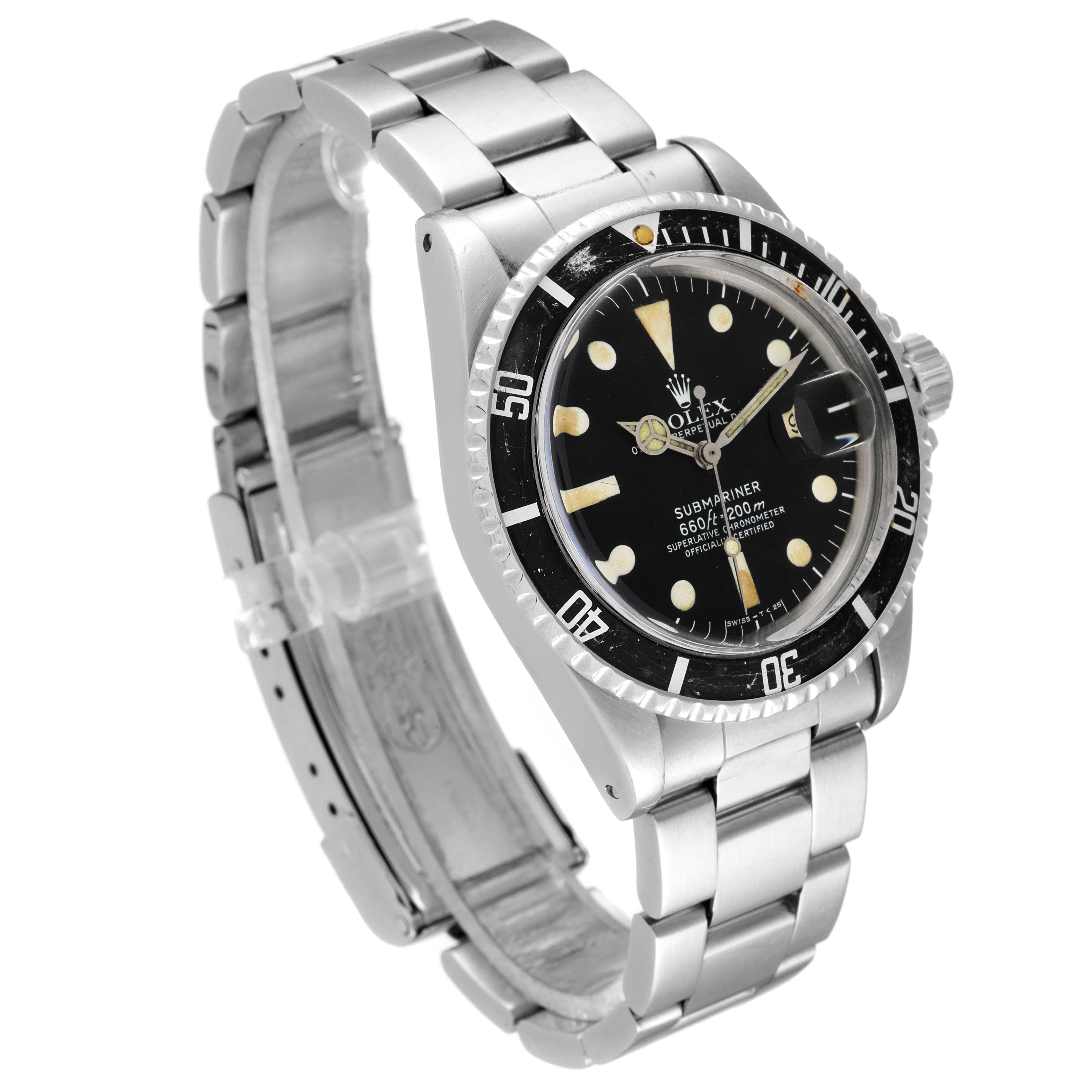 The image shows a side angle of a Rolex Submariner 1680 Men's Stainless Steel Black Dial 1680 Men's Stainless Steel Black Dial watch, displaying the dial, bezel, and stainless steel bracelet.
