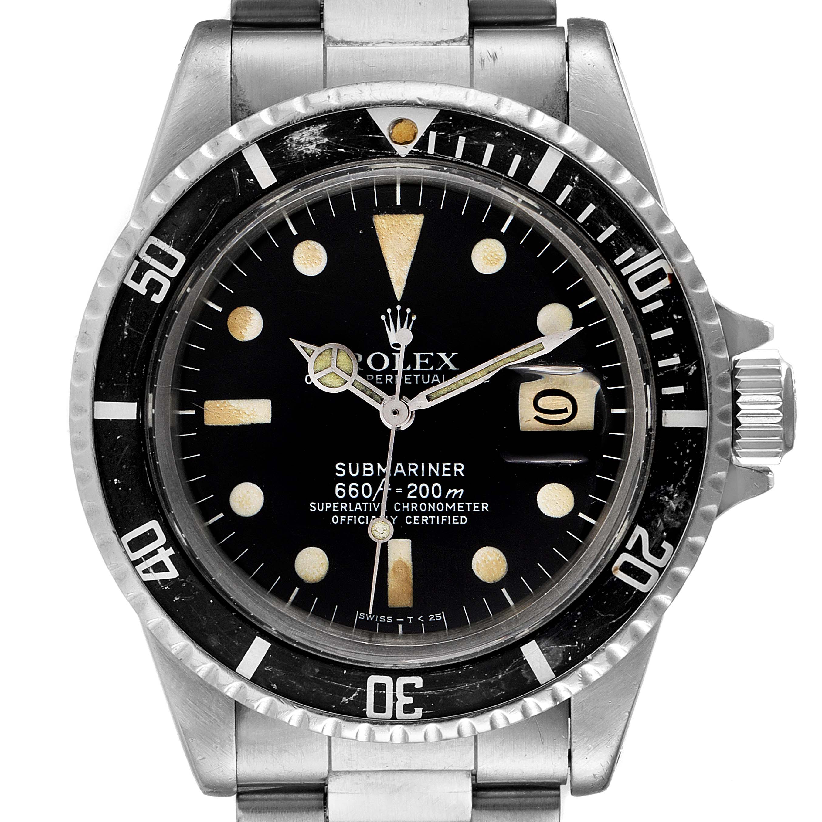 The image shows a front view of a Rolex Submariner 1680 Men's Stainless Steel Black Dial 1680 Men's Stainless Steel Black Dial watch, displaying the dial, bezel, and part of the stainless steel bracelet.