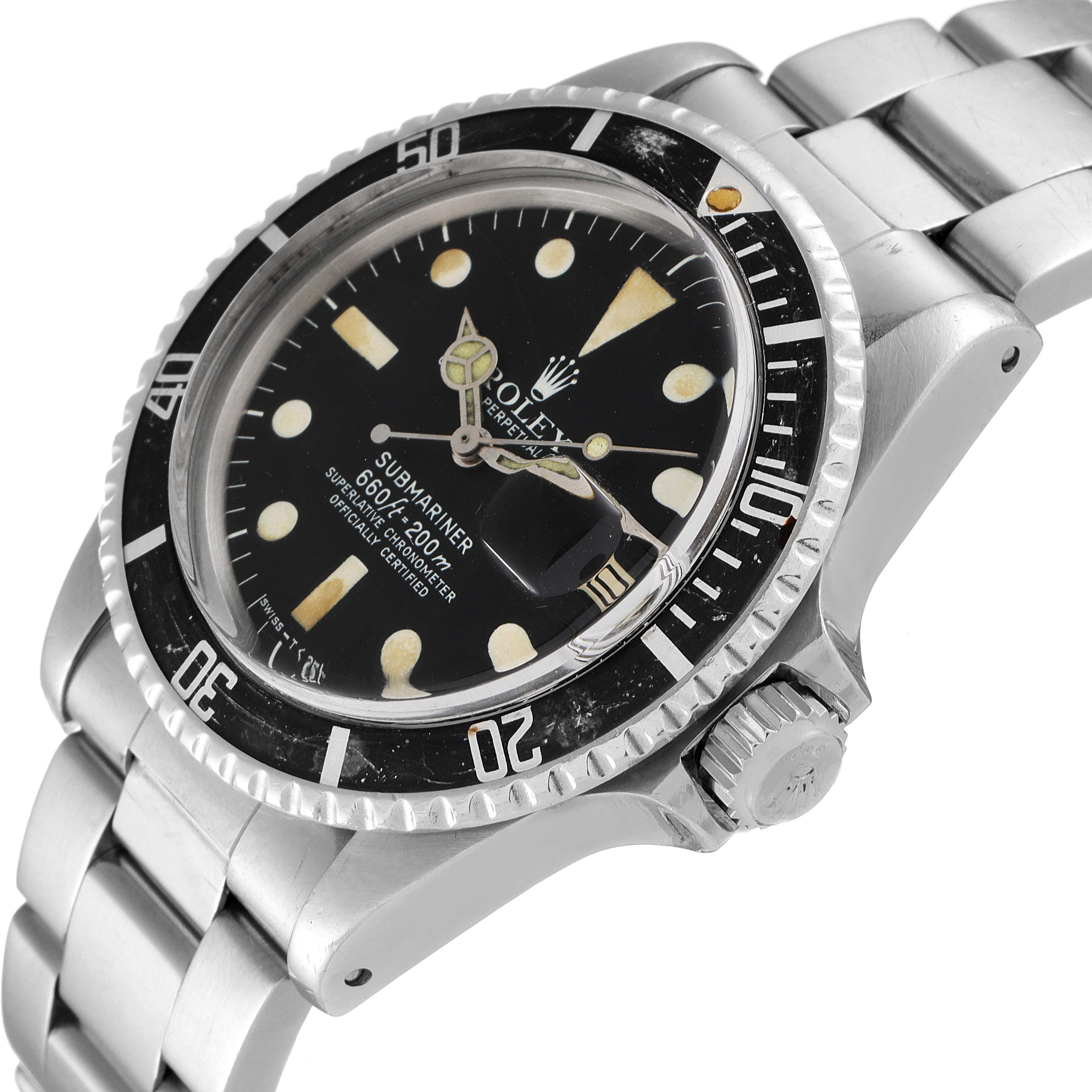 The image showcases a Rolex Submariner 1680 Men's Stainless Steel Black Dial 1680 Men's Stainless Steel Black Dial watch from a top angle, highlighting its dial, bezel, and part of the bracelet.