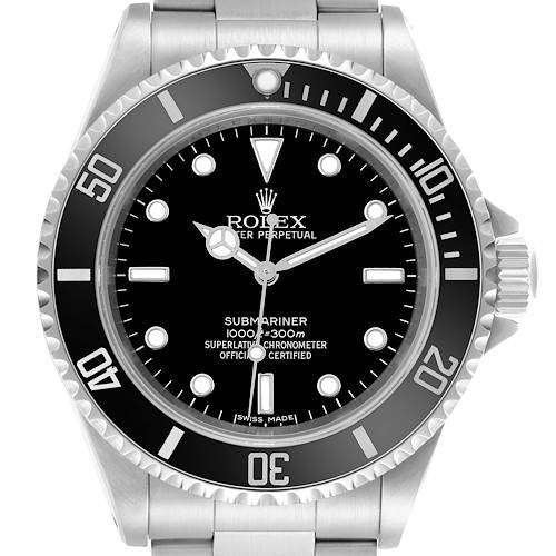 The image shows a front view of the Rolex Submariner watch, displaying the dial, bezel, and part of the bracelet.