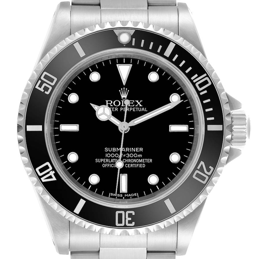 The Rolex Submariner watch is shown from a front angle, displaying the dial, bezel, and part of the bracelet.