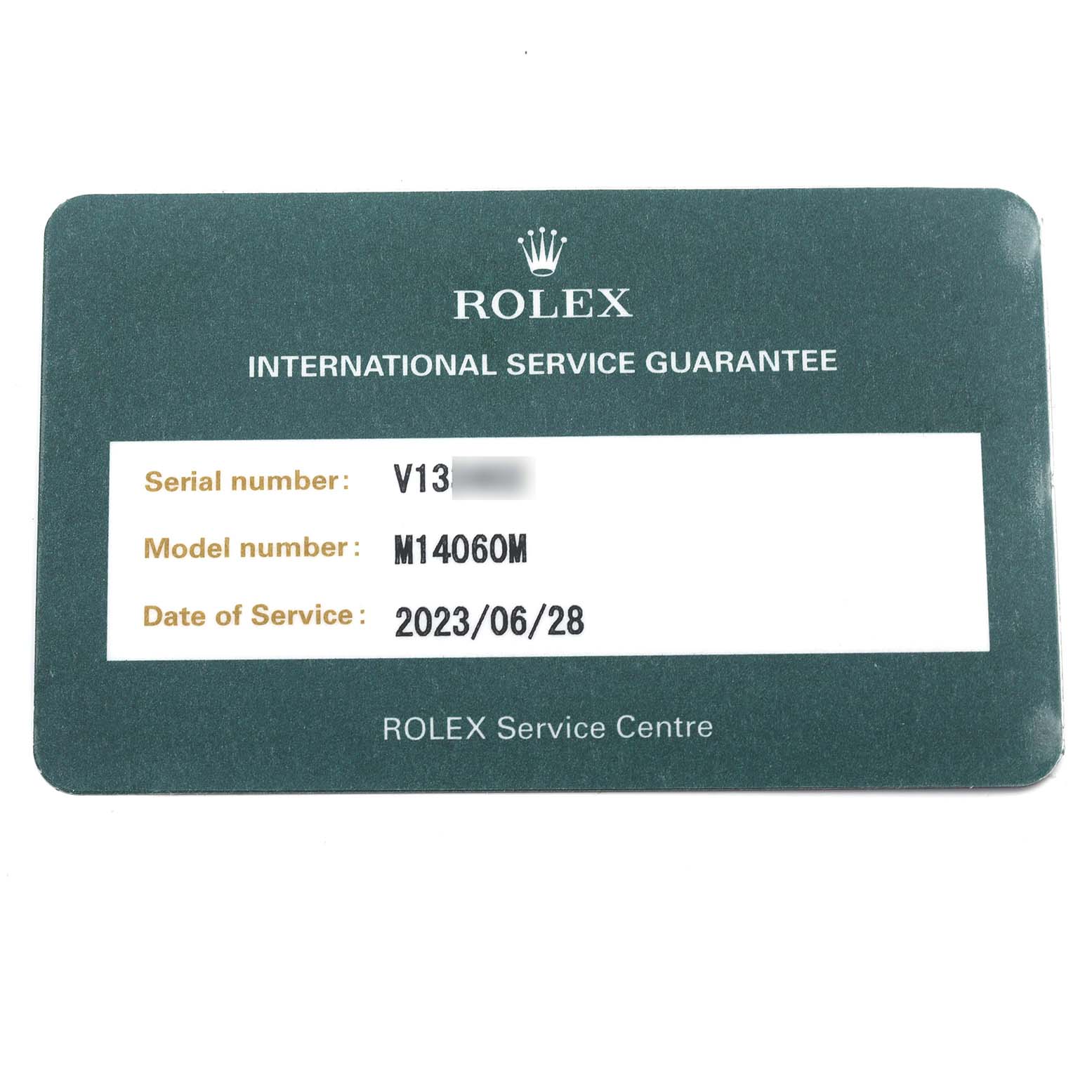 The image shows a Rolex Submariner 14060M Men's Stainless Steel Black Dial 14060M Men's Stainless Steel Black Dial service guarantee card with model number and service date details.