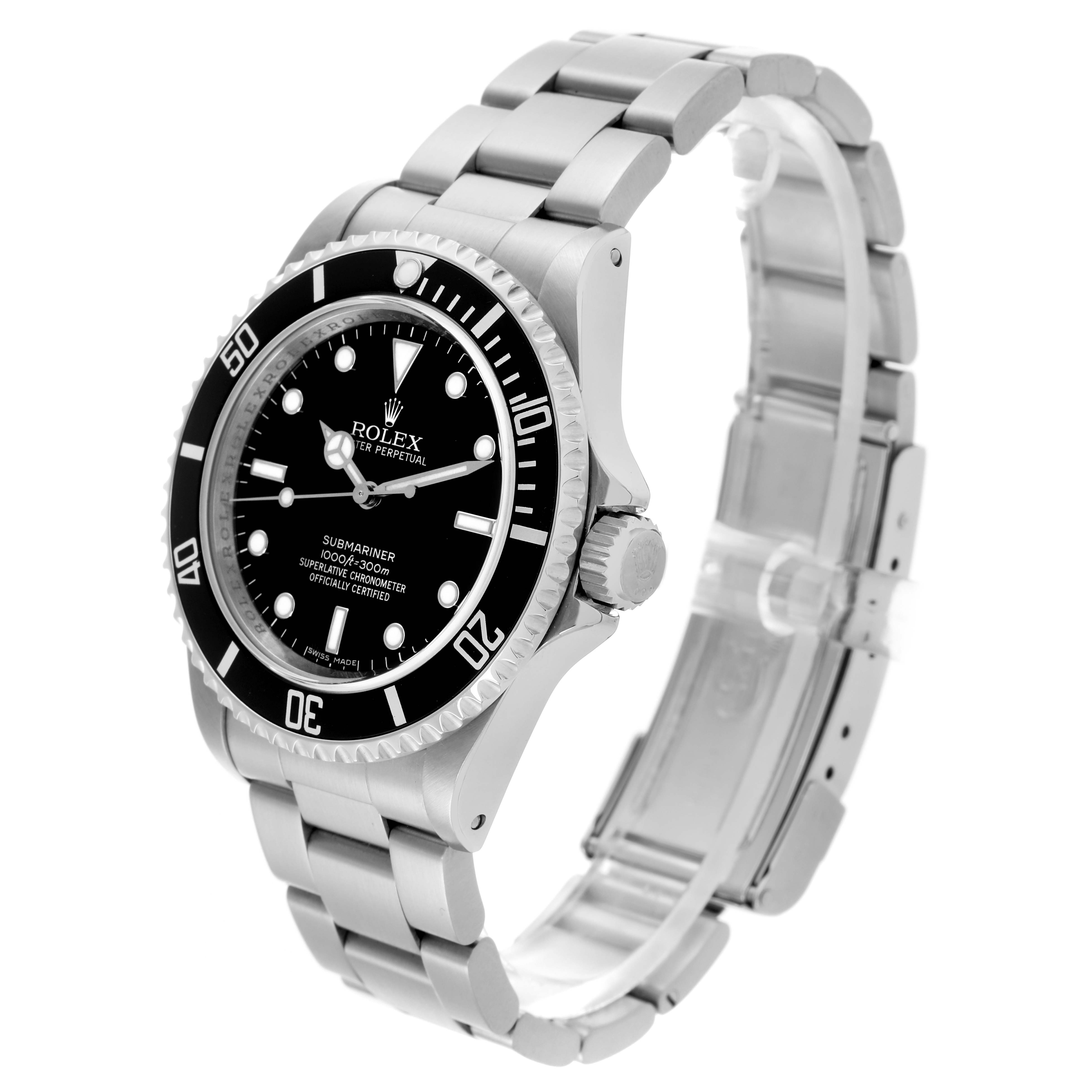 The Rolex Submariner 14060M Men's Stainless Steel Black Dial 14060M Men's Stainless Steel Black Dial is shown at a three-quarter angle, displaying the watch face, bezel, crown, and part of the bracelet.