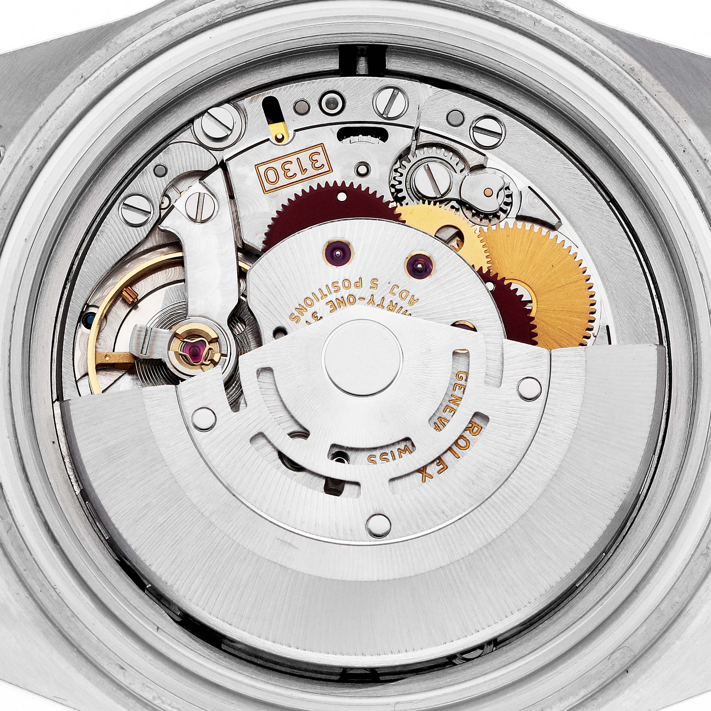 The image shows the movement components of a Rolex Submariner 14060M Men's Stainless Steel Black Dial 14060M Men's Stainless Steel Black Dial from a back view, highlighting gears and the rotor.