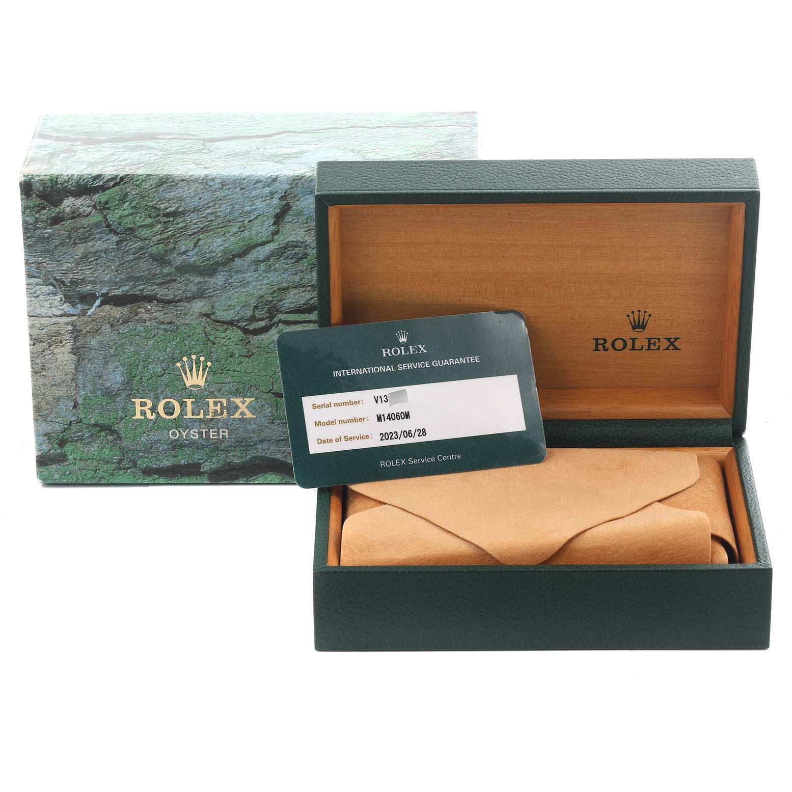 The image shows a Rolex Submariner 14060M Men's Stainless Steel Black Dial 14060M Men's Stainless Steel Black Dial watch box with an open lid and a warranty card placed on top.