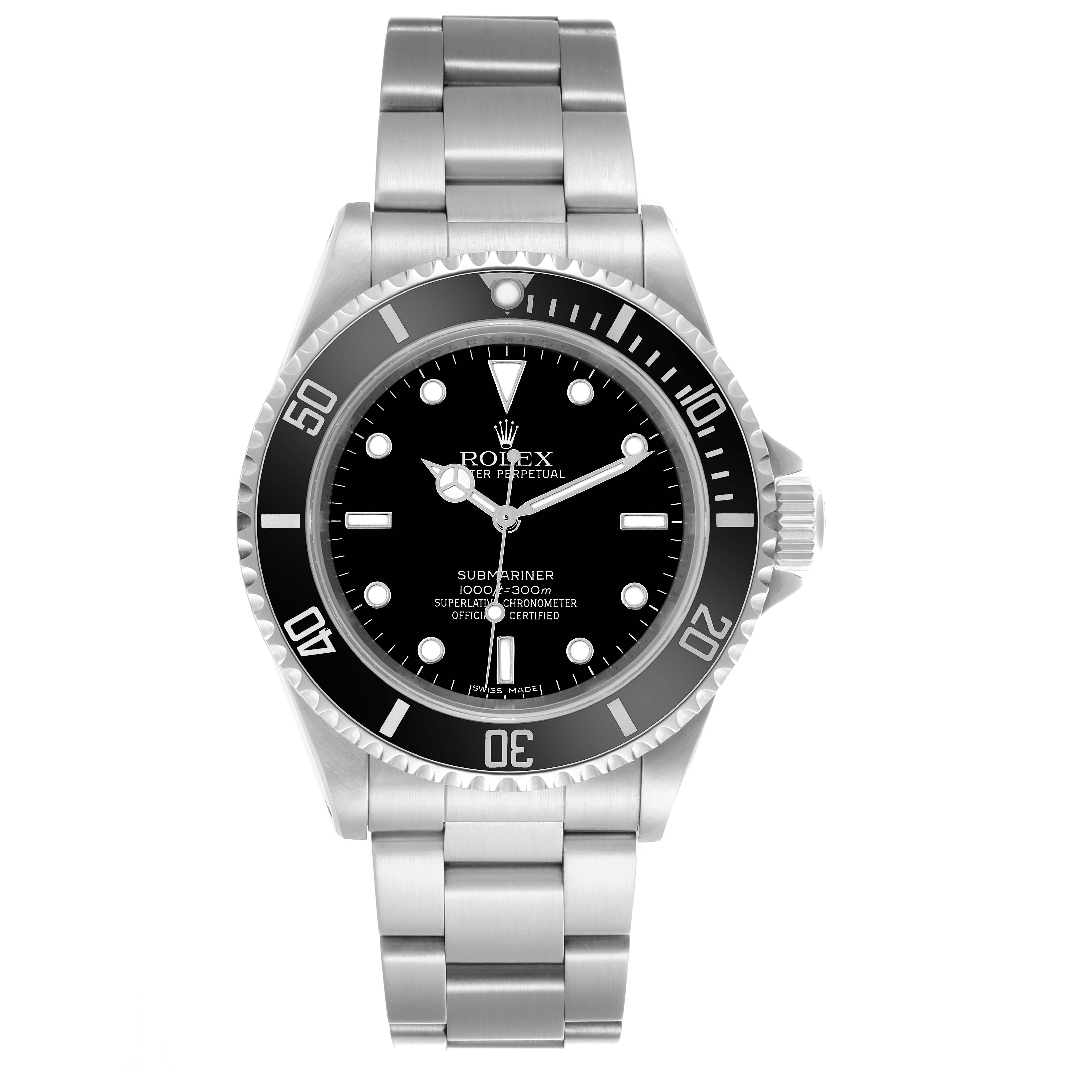 The Rolex Submariner 14060M Men's Stainless Steel Black Dial 14060M Men's Stainless Steel Black Dial is shown from a top-down angle, displaying its black dial, rotating bezel, and metal bracelet.