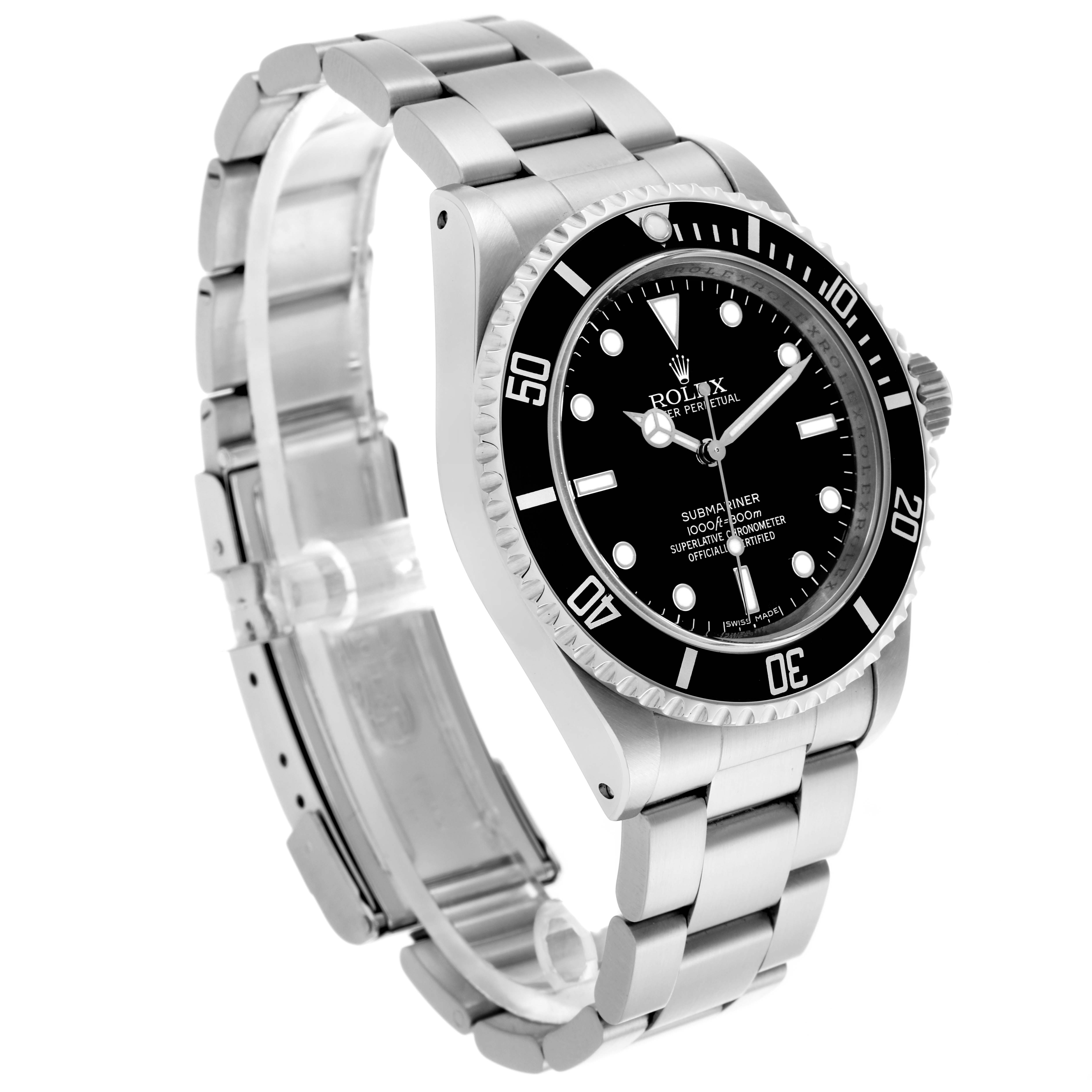 The Rolex Submariner 14060M Men's Stainless Steel Black Dial 14060M Men's Stainless Steel Black Dial watch is shown at a three-quarter angle, highlighting the bracelet, bezel, and dial.