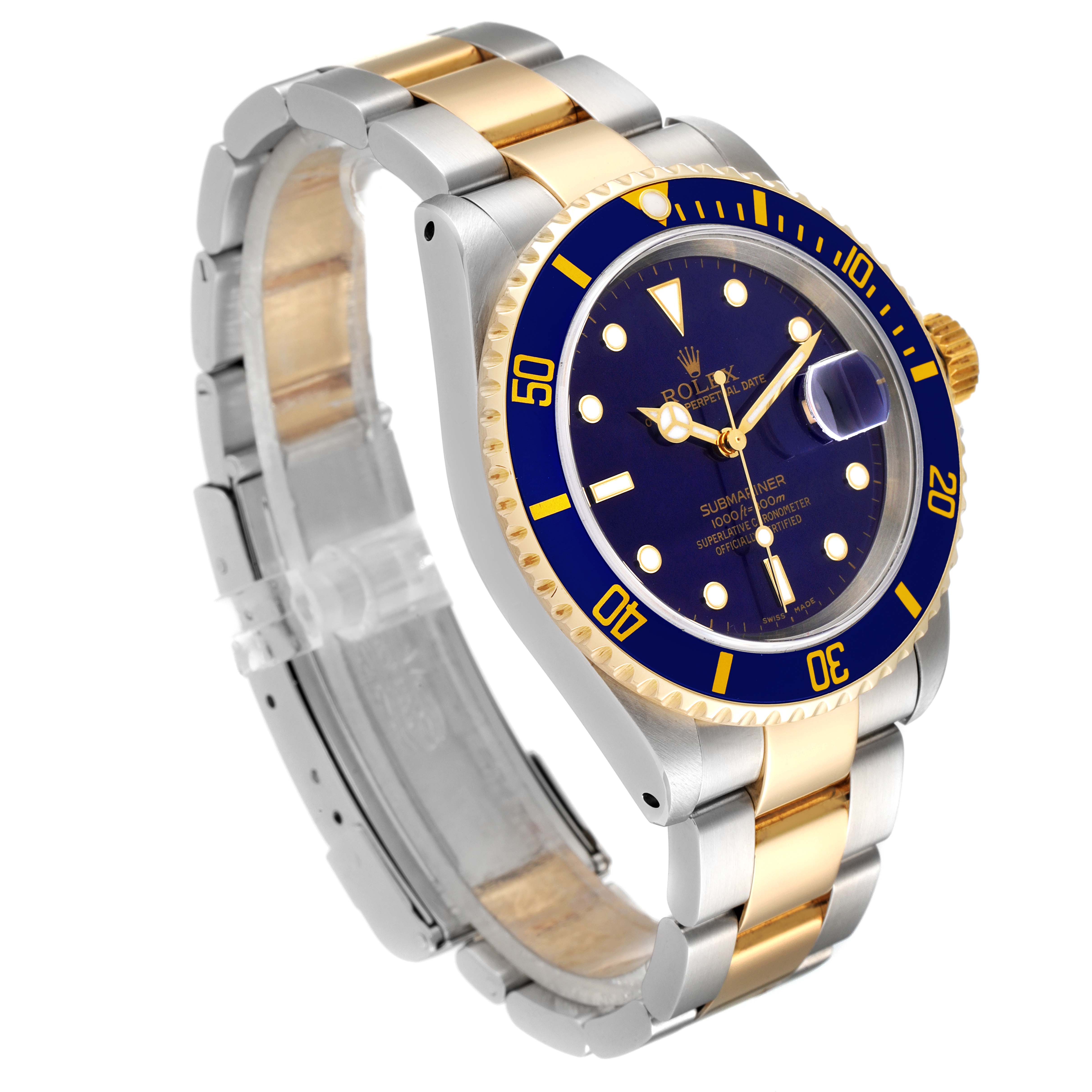 The image shows a side angle of a Rolex Submariner 16613 Men
s Steel and Gold (two tone) Blue Dial 16613 Men
s Steel and Gold (two tone) Blue Dial watch featuring a blue dial, gold accents, and a two-tone metal bracelet.