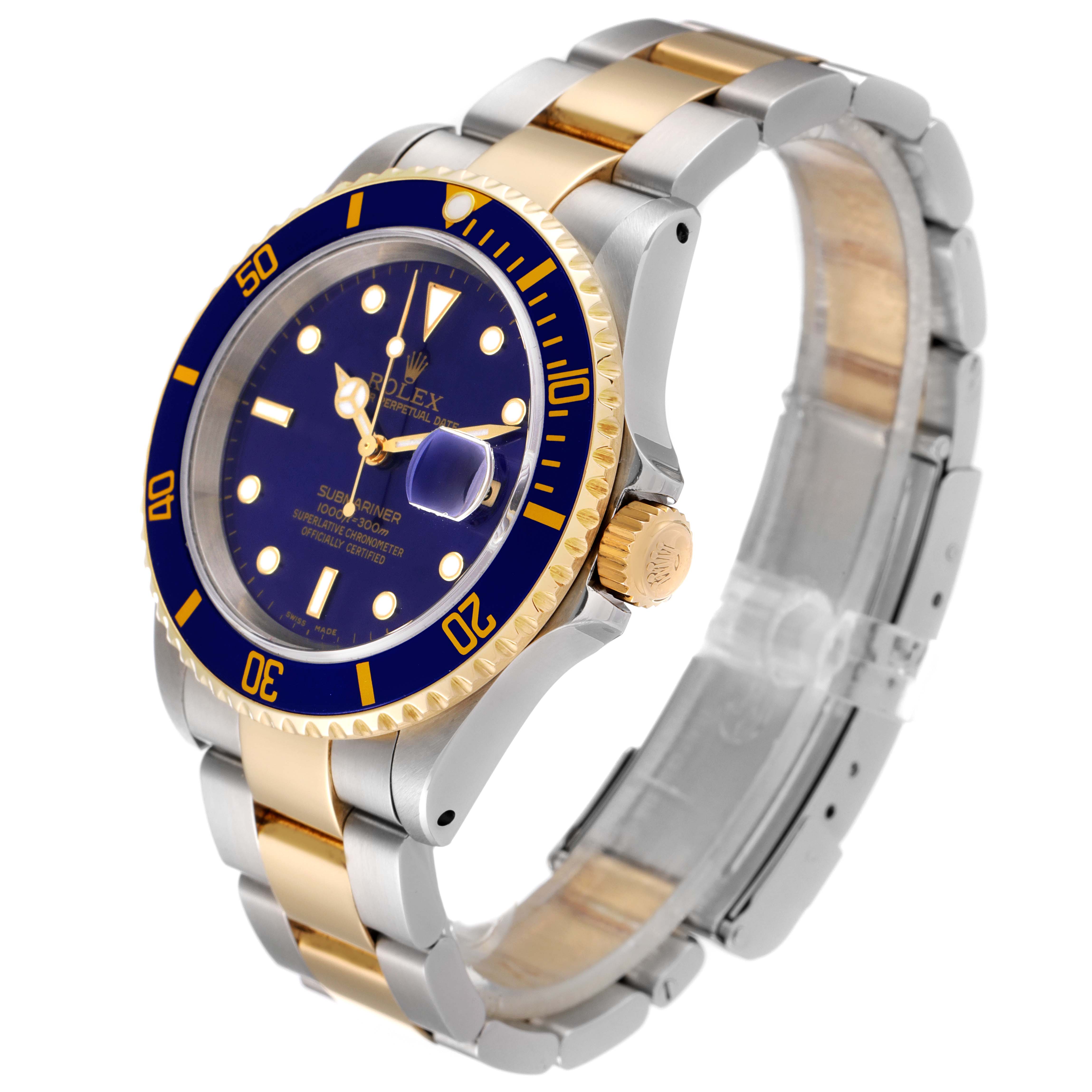 The image shows a side and front view of a Rolex Submariner 16613 Men
s Steel and Gold (two tone) Blue Dial 16613 Men
s Steel and Gold (two tone) Blue Dial watch, highlighting its blue dial, gold bezel, and two-tone bracelet.