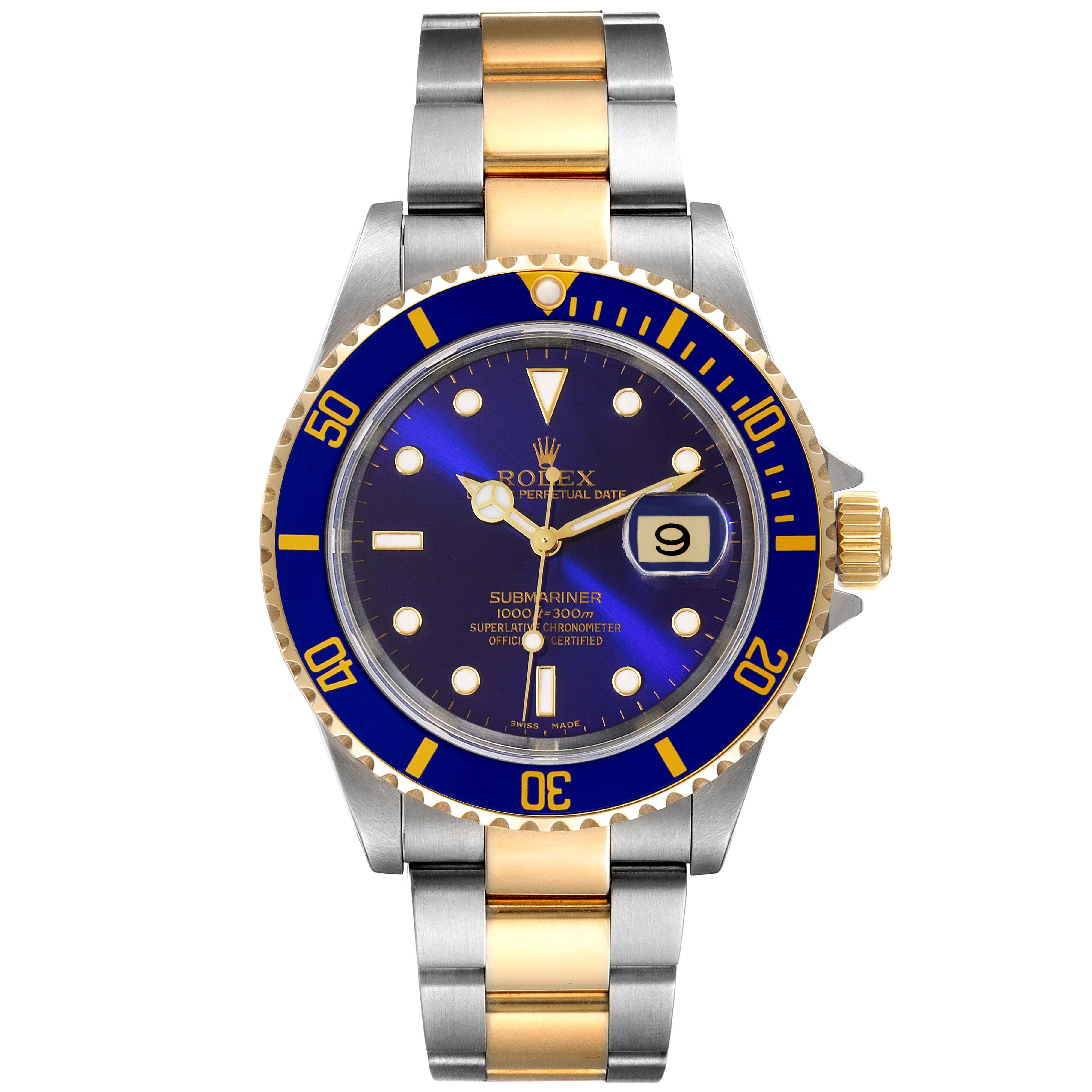 The image shows a front view of a Rolex Submariner 16613 Men
s Steel and Gold (two tone) Blue Dial 16613 Men
s Steel and Gold (two tone) Blue Dial watch, highlighting the bezel, dial, case, and bracelet.