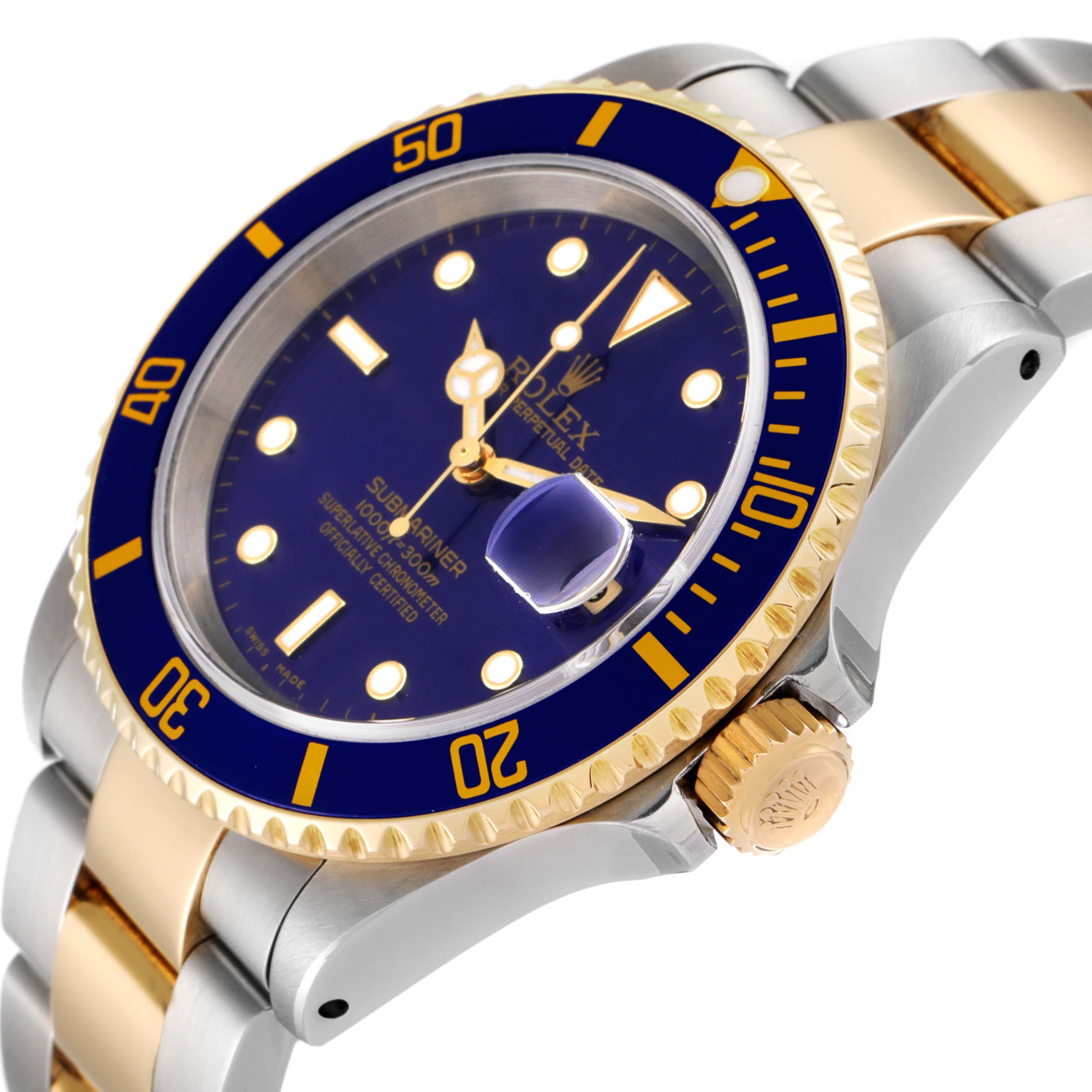The image shows a gold and silver Rolex Submariner 16613 Men
s Steel and Gold (two tone) Blue Dial 16613 Men
s Steel and Gold (two tone) Blue Dial watch at an angle highlighting the dial, bezel, crown, and part of the bracelet.