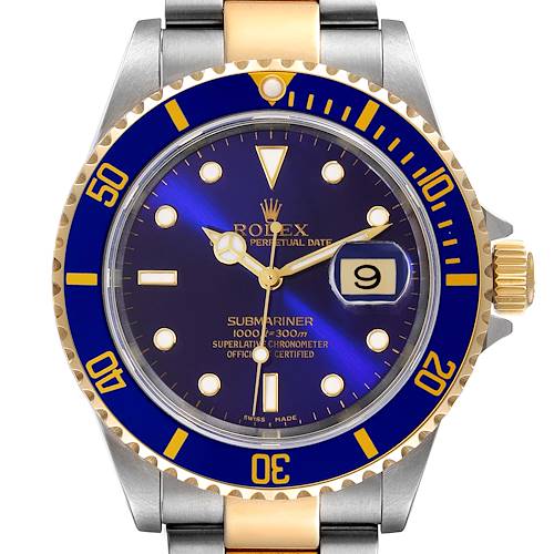 Photo of Rolex Submariner Steel Yellow Gold Purple Blue Dial Mens Watch 16613