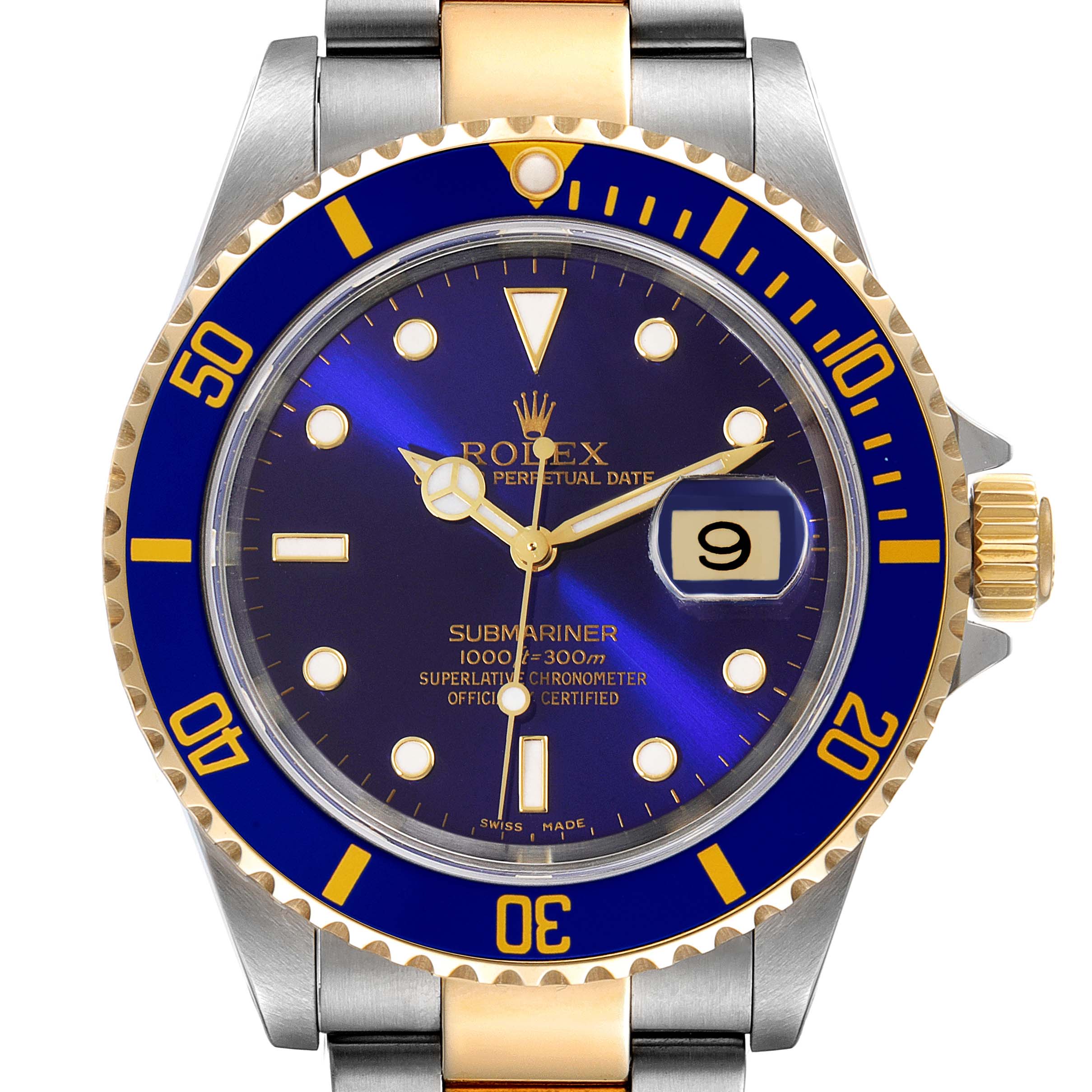 The image shows a front view of a Rolex Submariner 16613 Men
s Steel and Gold (two tone) Blue Dial 16613 Men
s Steel and Gold (two tone) Blue Dial watch, highlighting the dial, bezel, crown, and bracelet.