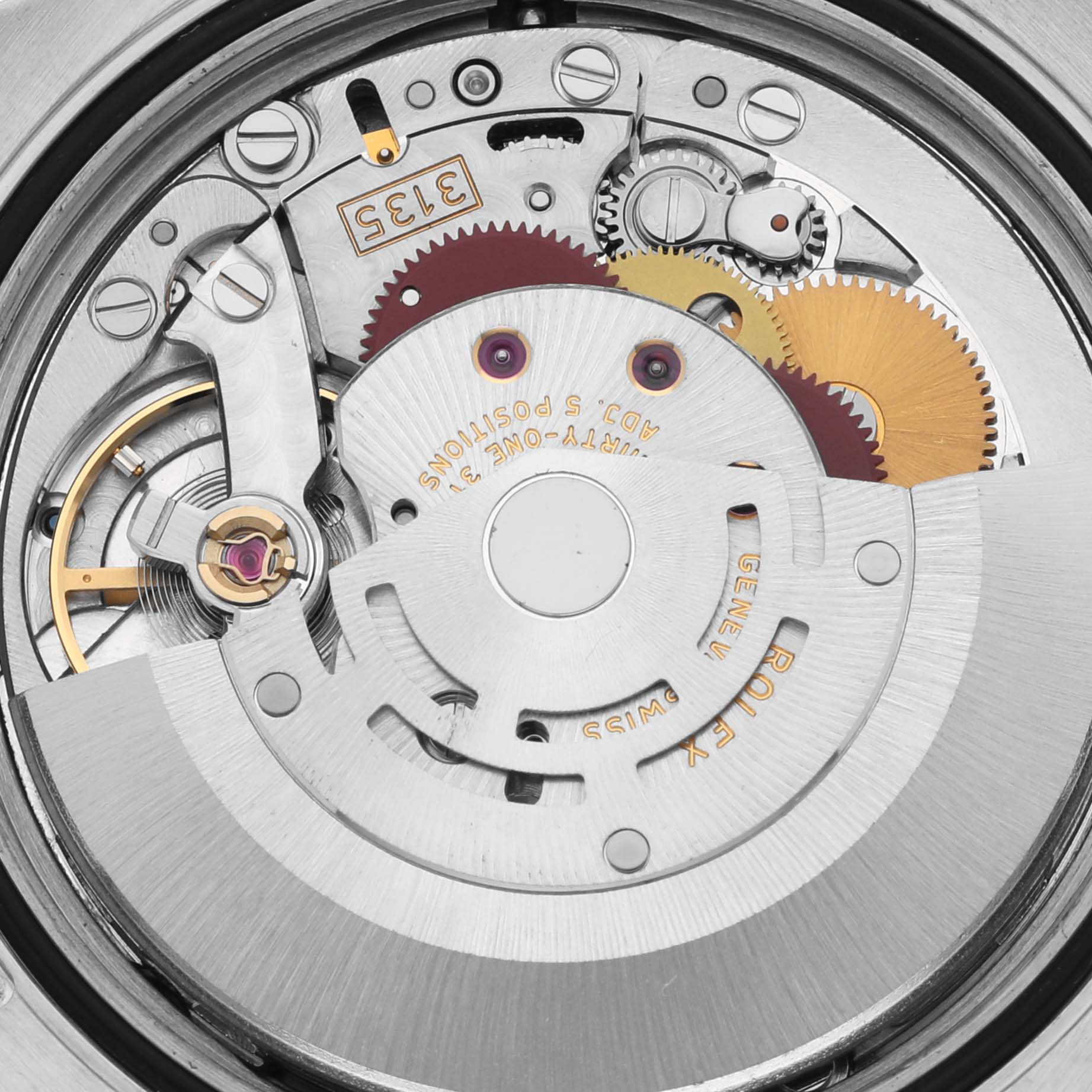 The image shows a close-up of the Rolex Turn-o-Graph 116264 Men's Stainless Steel Black Dial 116264 Men's Stainless Steel Black Dial's movement, revealing gears and the rotor from the back view.