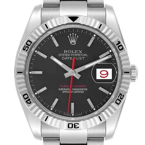 The Rolex Turn-o-Graph watch is shown from the front, highlighting its bezel, dial, hands, and bracelet.