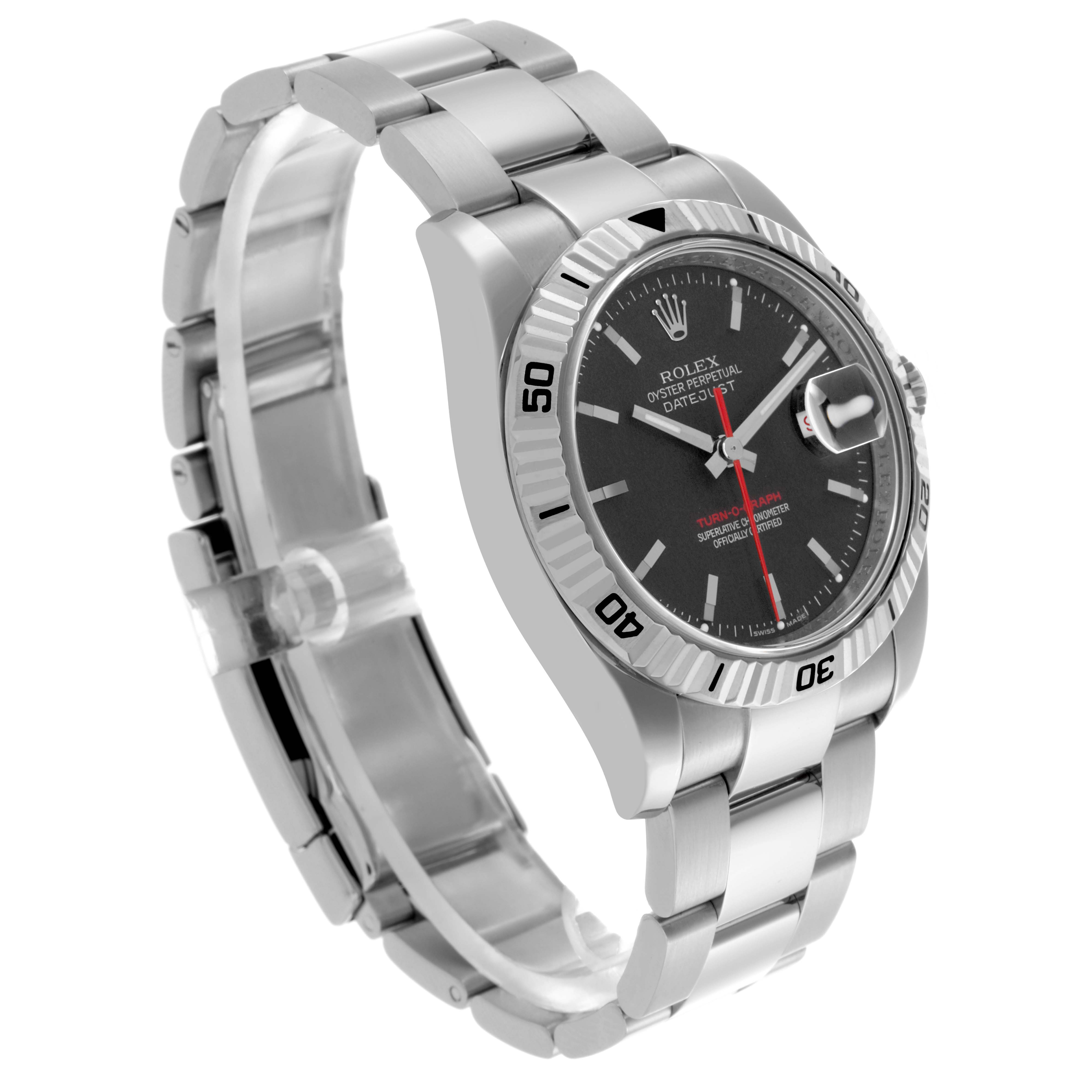 The Rolex Turn-o-Graph 116264 Men's Stainless Steel Black Dial 116264 Men's Stainless Steel Black Dial watch is shown at a three-quarter angle, displaying its face, bezel, and bracelet.