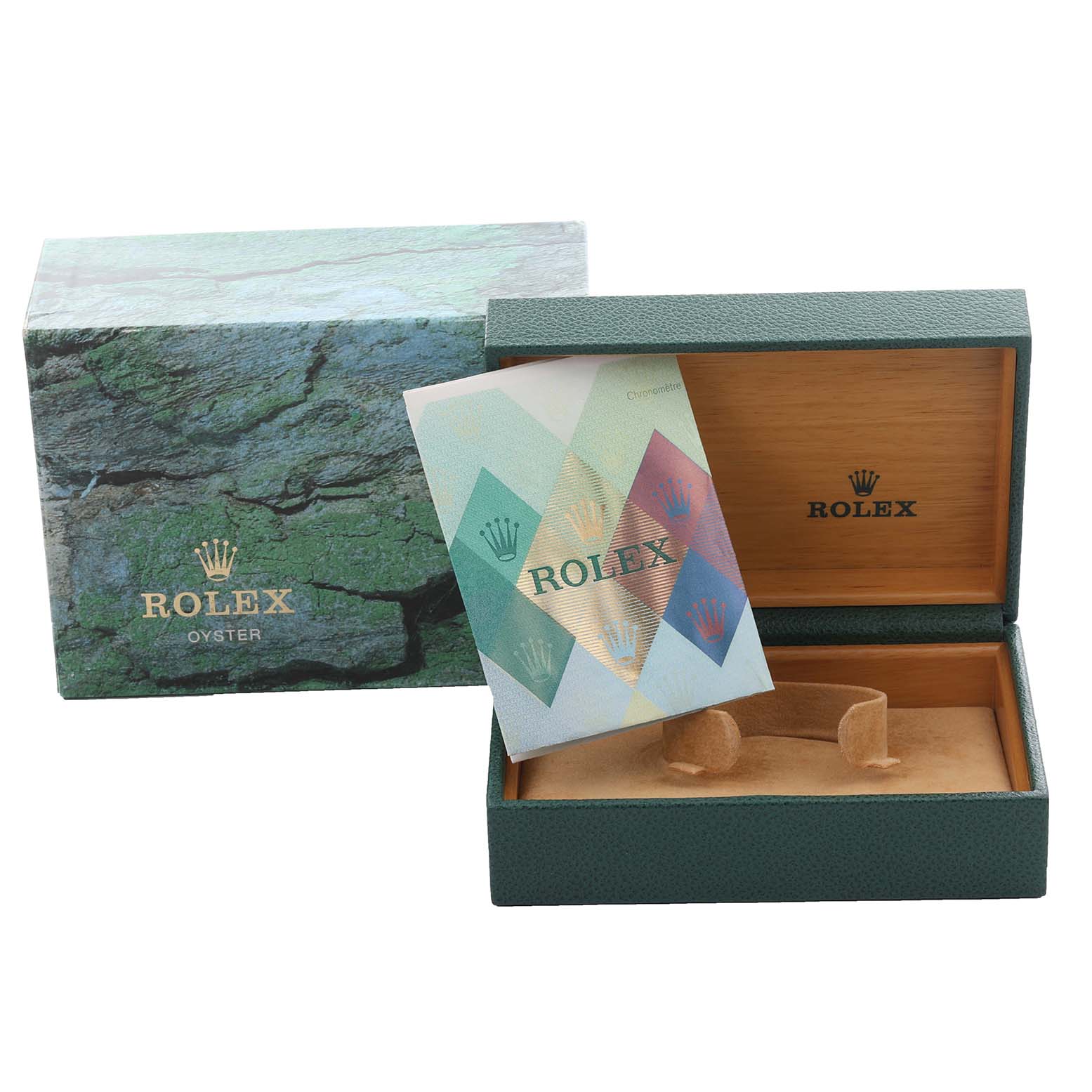 The image shows a Rolex Turn-o-Graph 116264 Men's Stainless Steel Black Dial 116264 Men's Stainless Steel Black Dial watch box at an angle, with its lid open and a booklet inside.