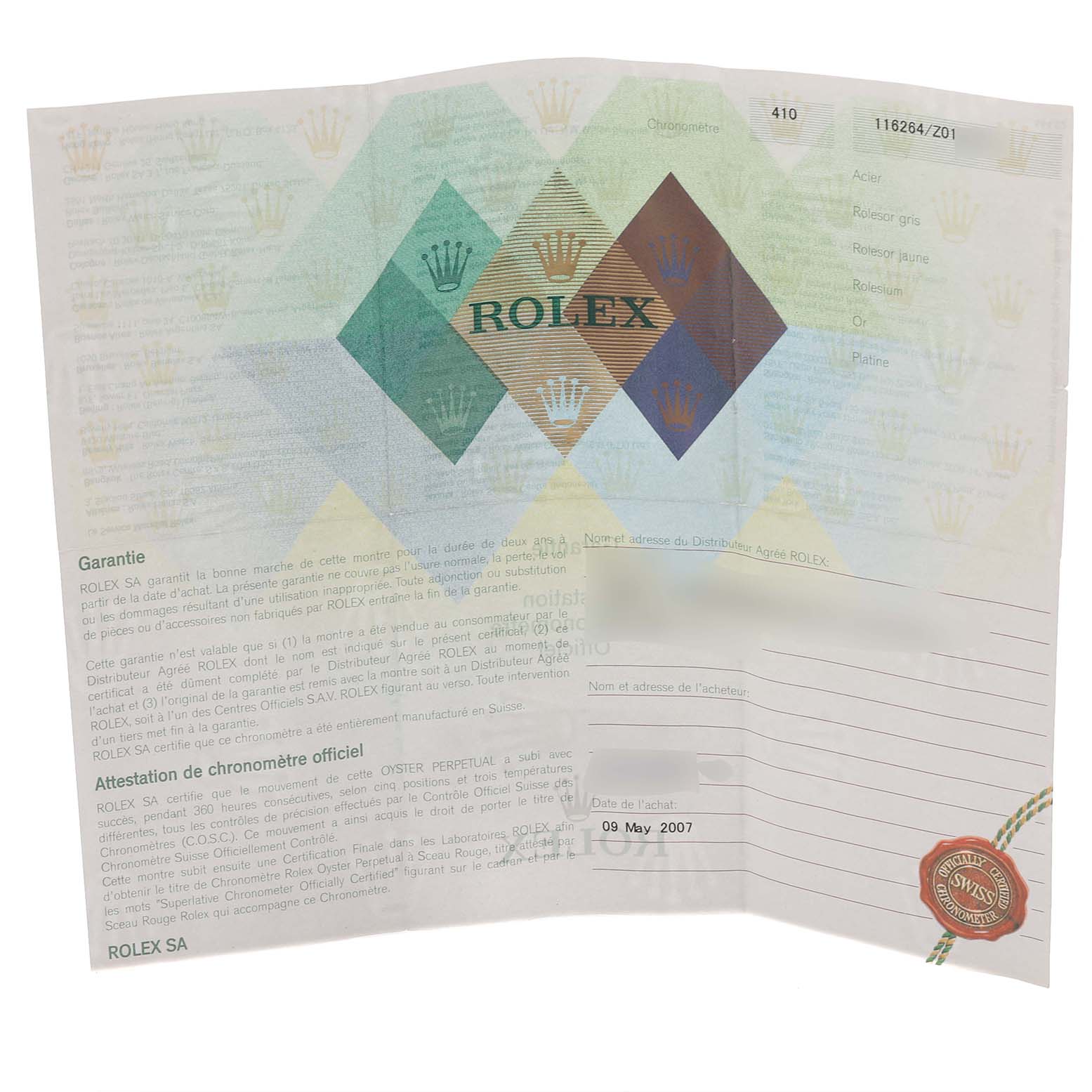 The image shows a warranty certificate for a Rolex Turn-o-Graph 116264 Men's Stainless Steel Black Dial 116264 Men's Stainless Steel Black Dial watch, featuring text and logos.