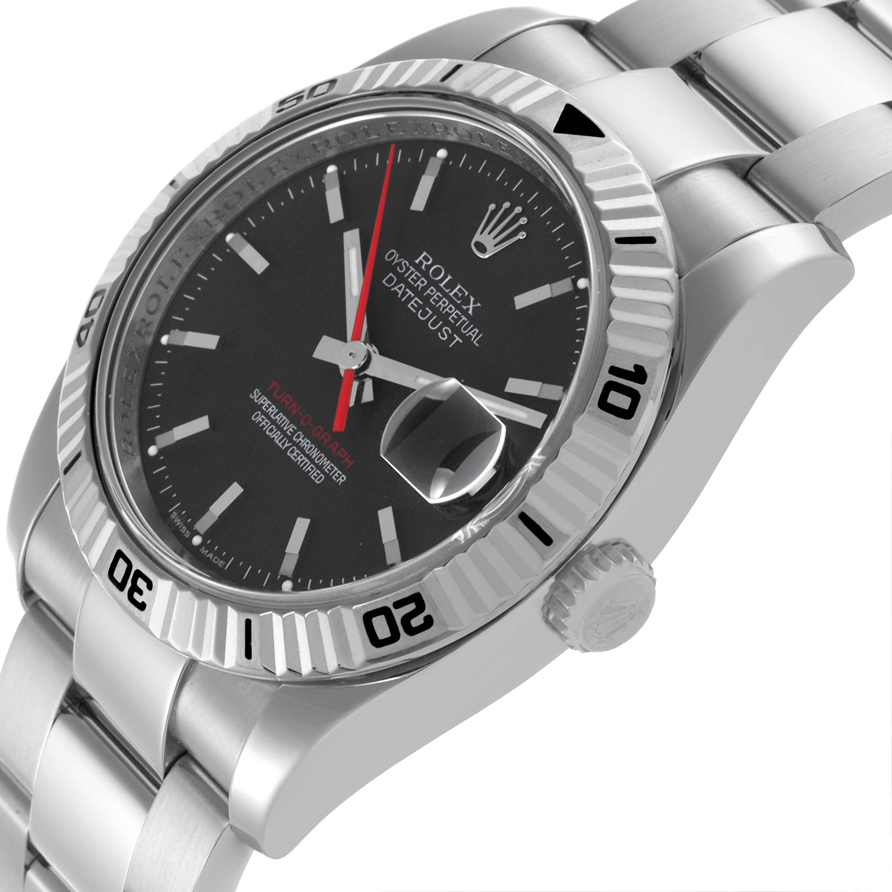 The Rolex Turn-o-Graph 116264 Men's Stainless Steel Black Dial 116264 Men's Stainless Steel Black Dial is shown from a side angle, displaying the bezel, dial, crown, and a segment of the bracelet.