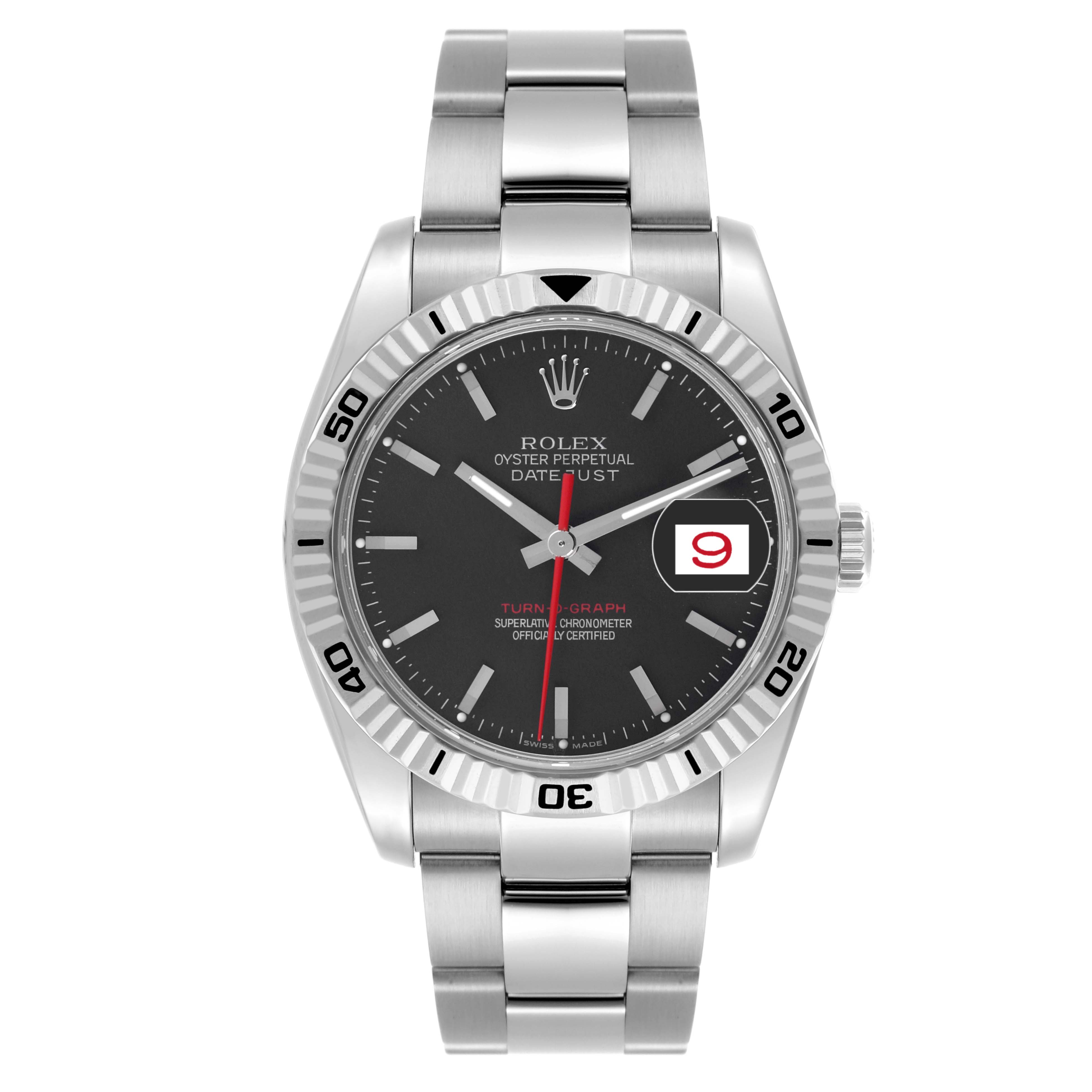 The Rolex Turn-o-Graph 116264 Men's Stainless Steel Black Dial 116264 Men's Stainless Steel Black Dial watch is shown from a front angle, highlighting its dial, bezel, bracelet, and date feature.