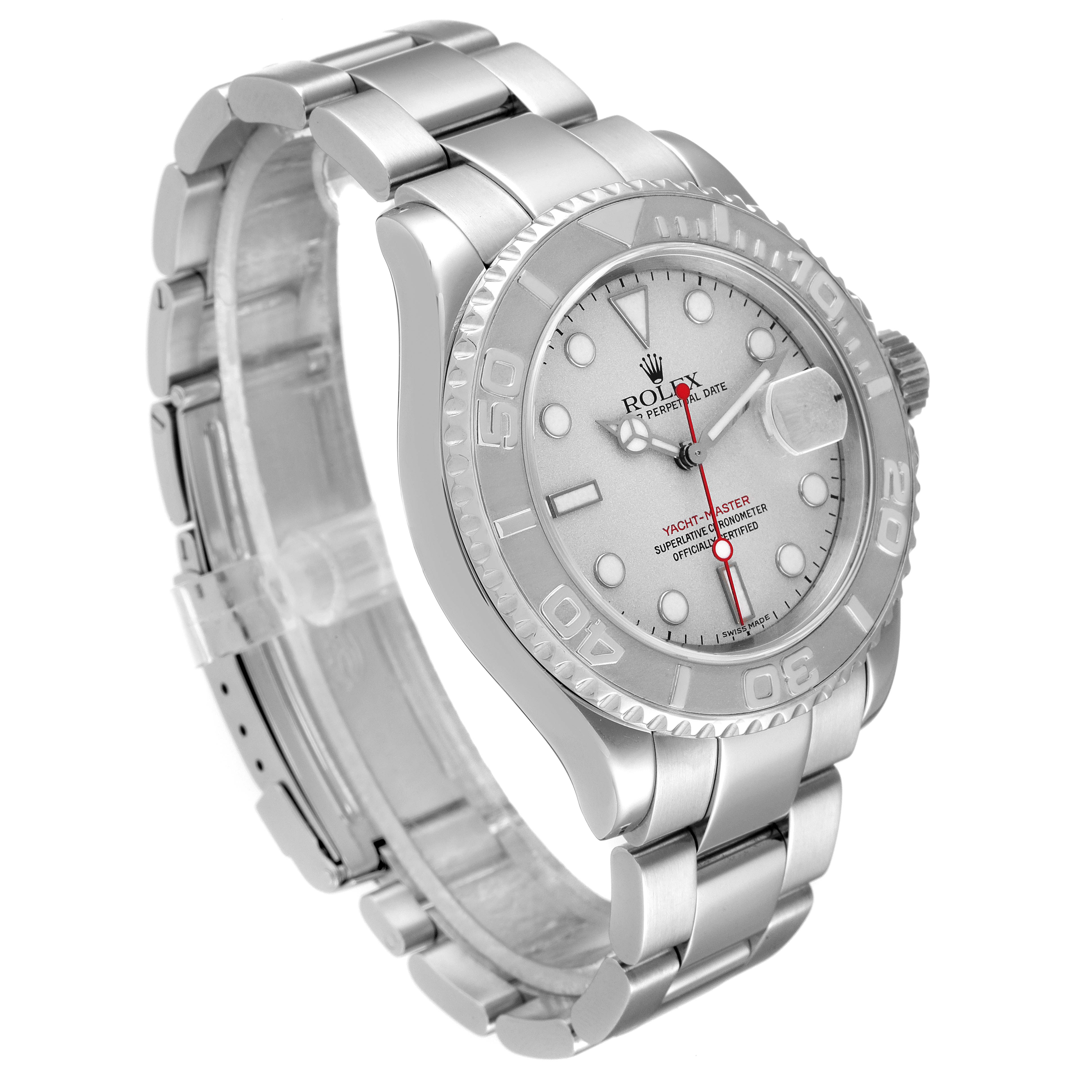 The image shows a side angle view of a Rolex Yacht-Master 16622 Men's Stainless Steel Silver Dial 16622 Men's Stainless Steel Silver Dial watch, highlighting the watch face, bezel, and bracelet.