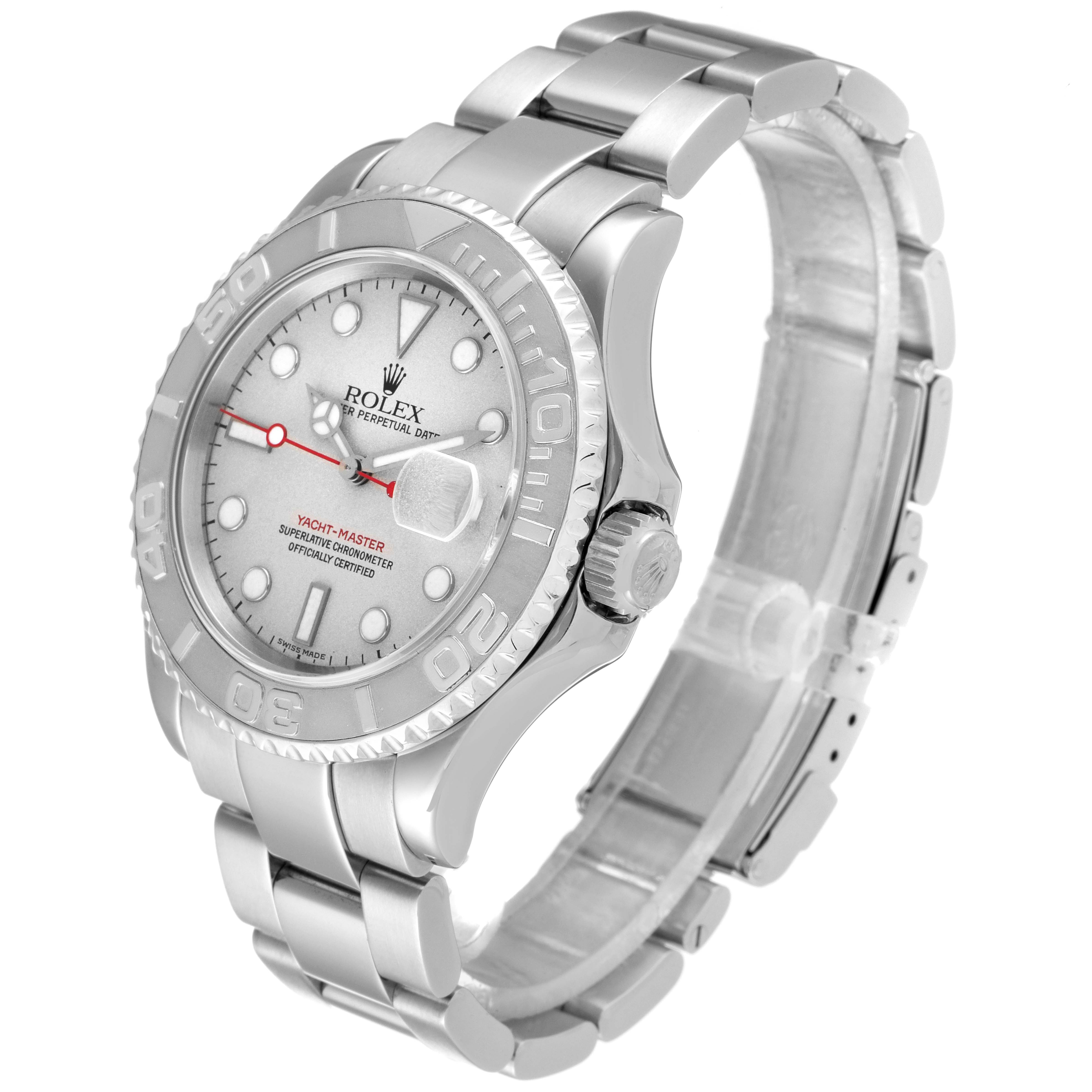 The Rolex Yacht-Master 16622 Men's Stainless Steel Silver Dial 16622 Men's Stainless Steel Silver Dial watch is shown from an angled side view, displaying its dial, bezel, crown, and stainless steel bracelet.