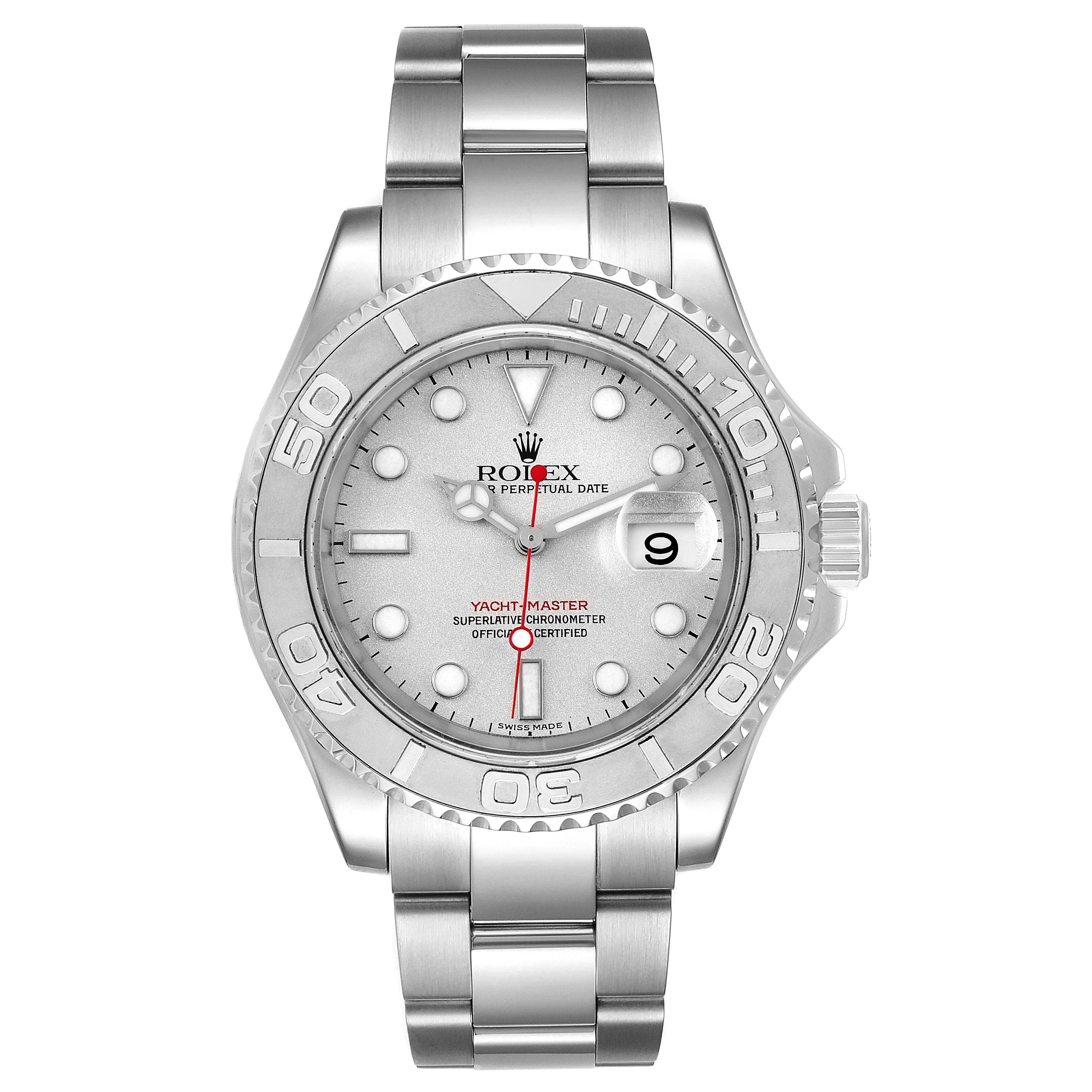 This image shows a front view of the Rolex Yacht-Master 16622 Men's Stainless Steel Silver Dial 16622 Men's Stainless Steel Silver Dial watch, including the bracelet, bezel, and dial.
