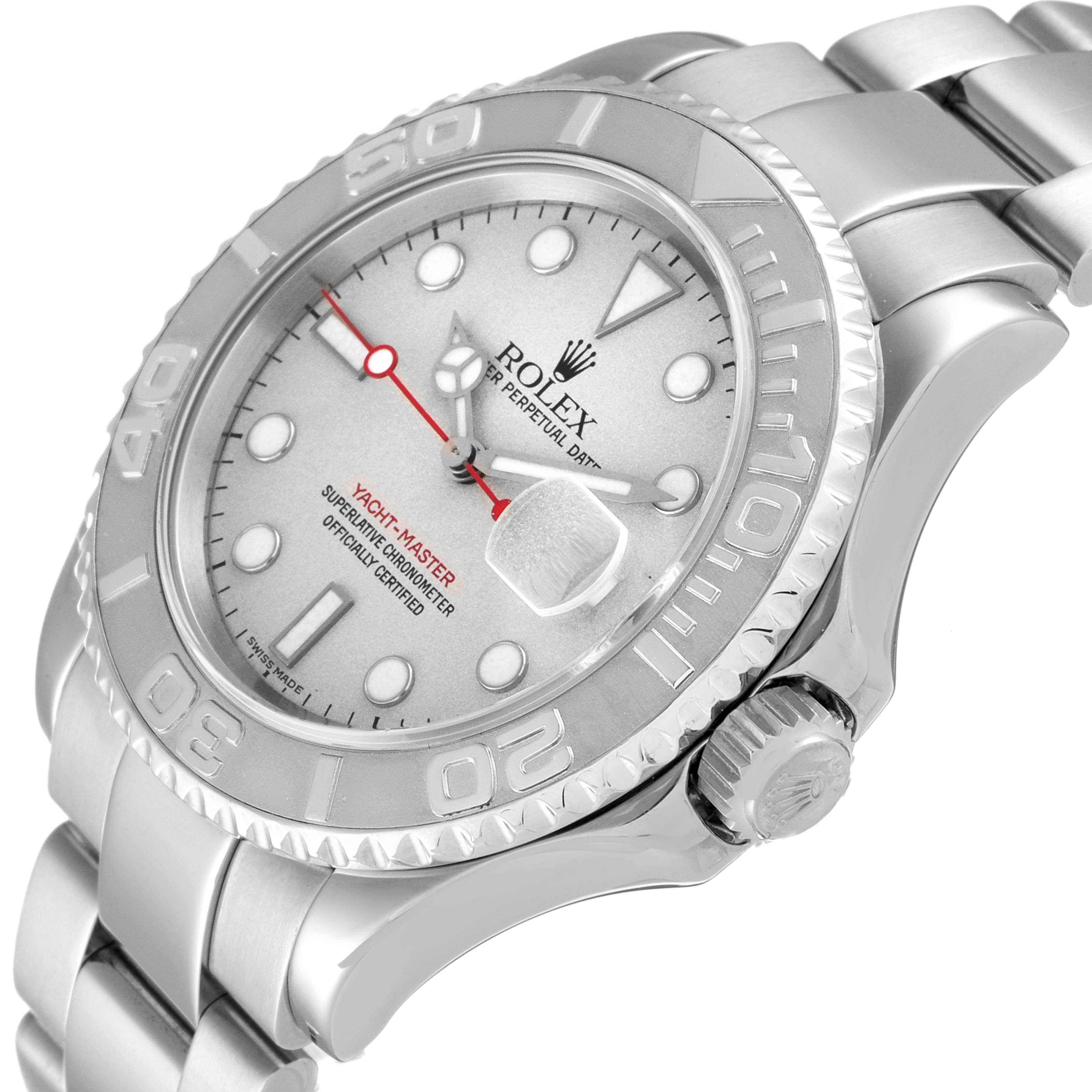 The image shows a Rolex Yacht-Master 16622 Men's Stainless Steel Silver Dial 16622 Men's Stainless Steel Silver Dial watch at a slight side angle, highlighting the dial, bezel, and bracelet.