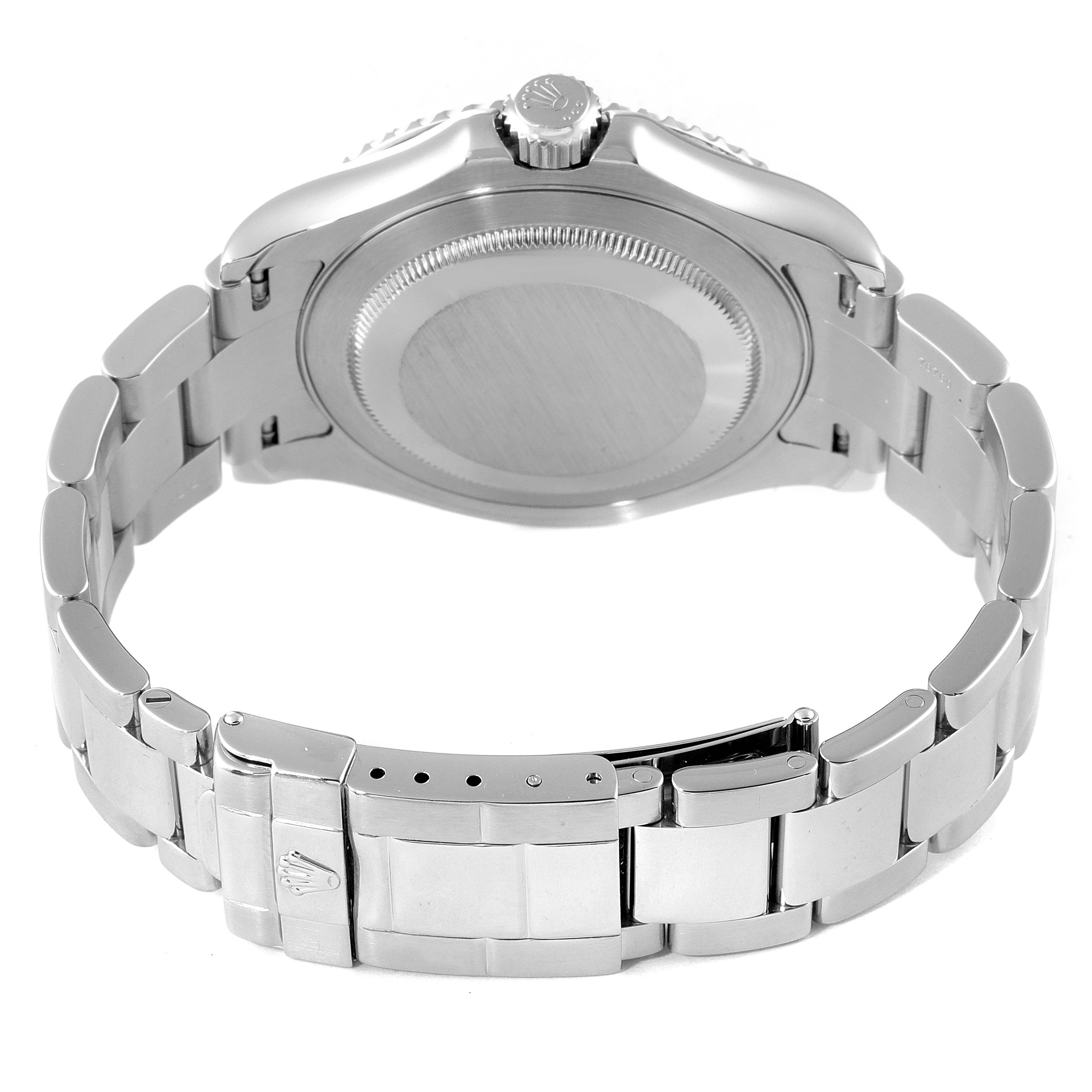 This image shows the back and clasp of a Rolex Yacht-Master 16622 Men's Stainless Steel Silver Dial 16622 Men's Stainless Steel Silver Dial watch at an angled view.